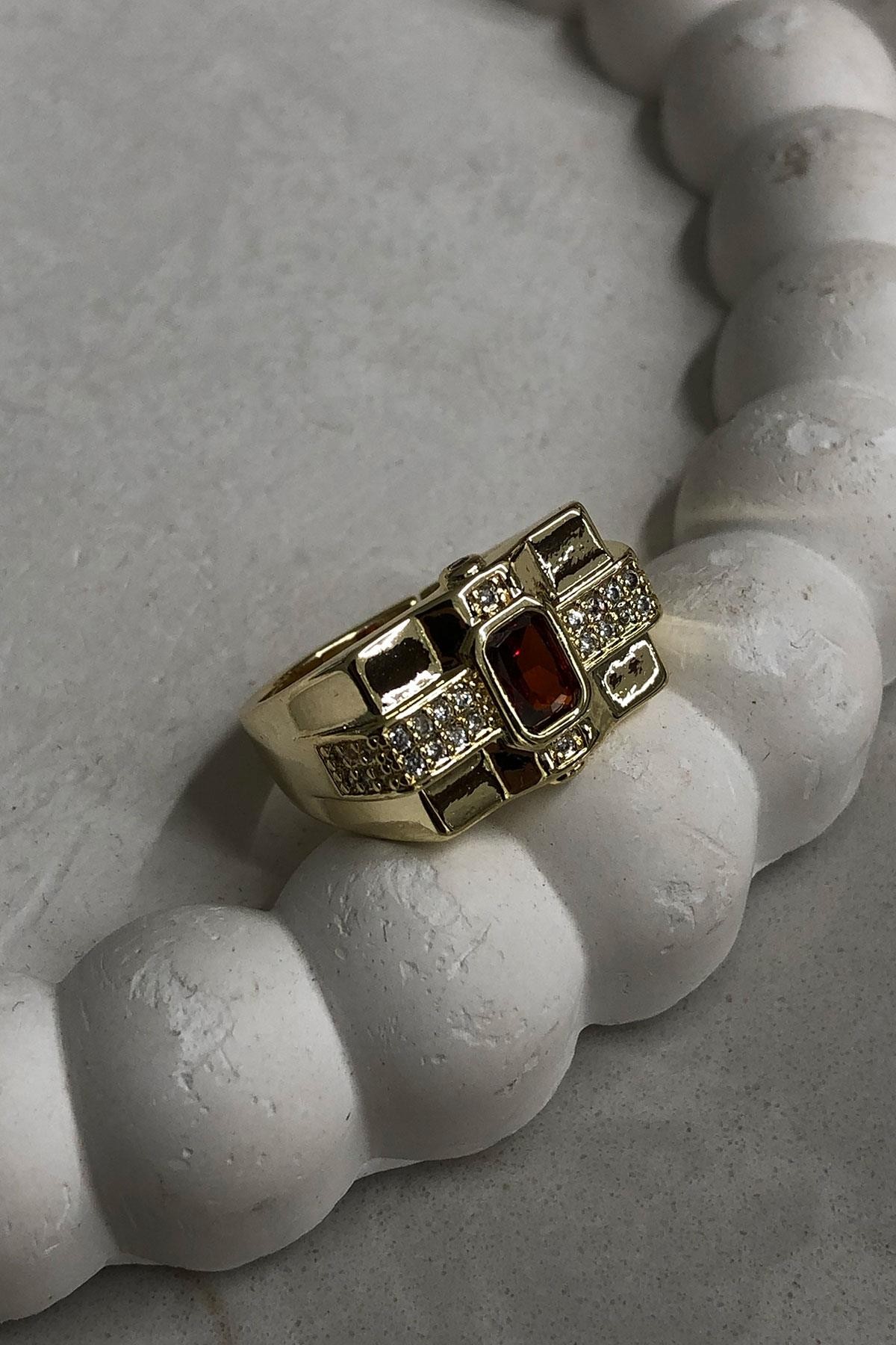 Bordo Taşlı Gold Detaylı Zirkon Taş Yüzük
