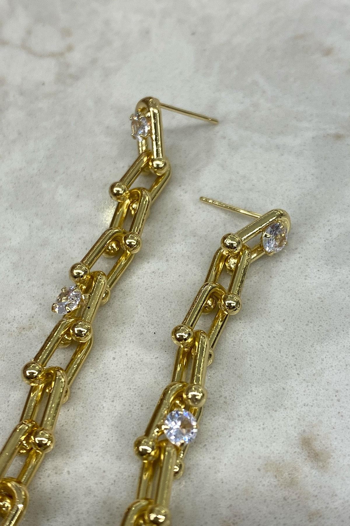 Taşlı Tıffany Model Gold Detaylı Küpe