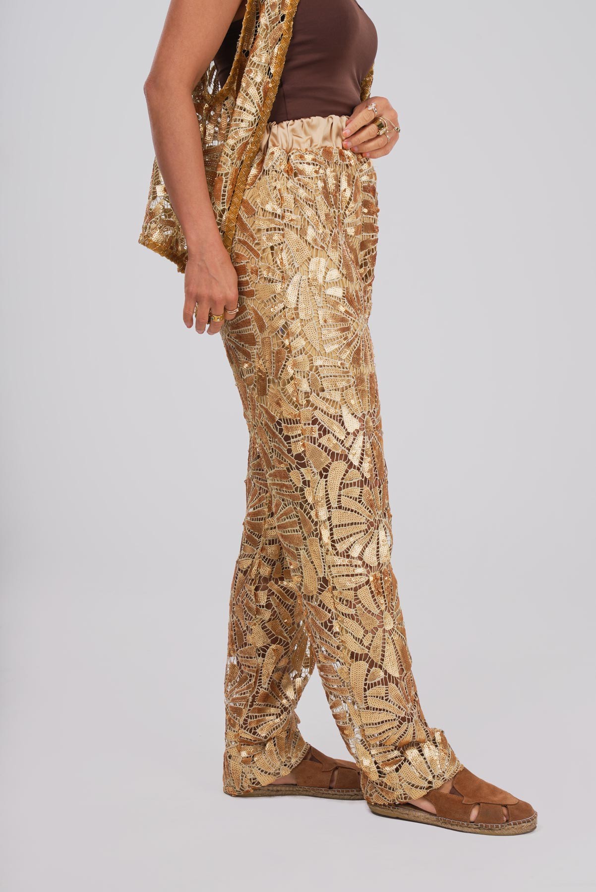 Altın Yapraklar | Gold Metalik Detaylı Pantolon