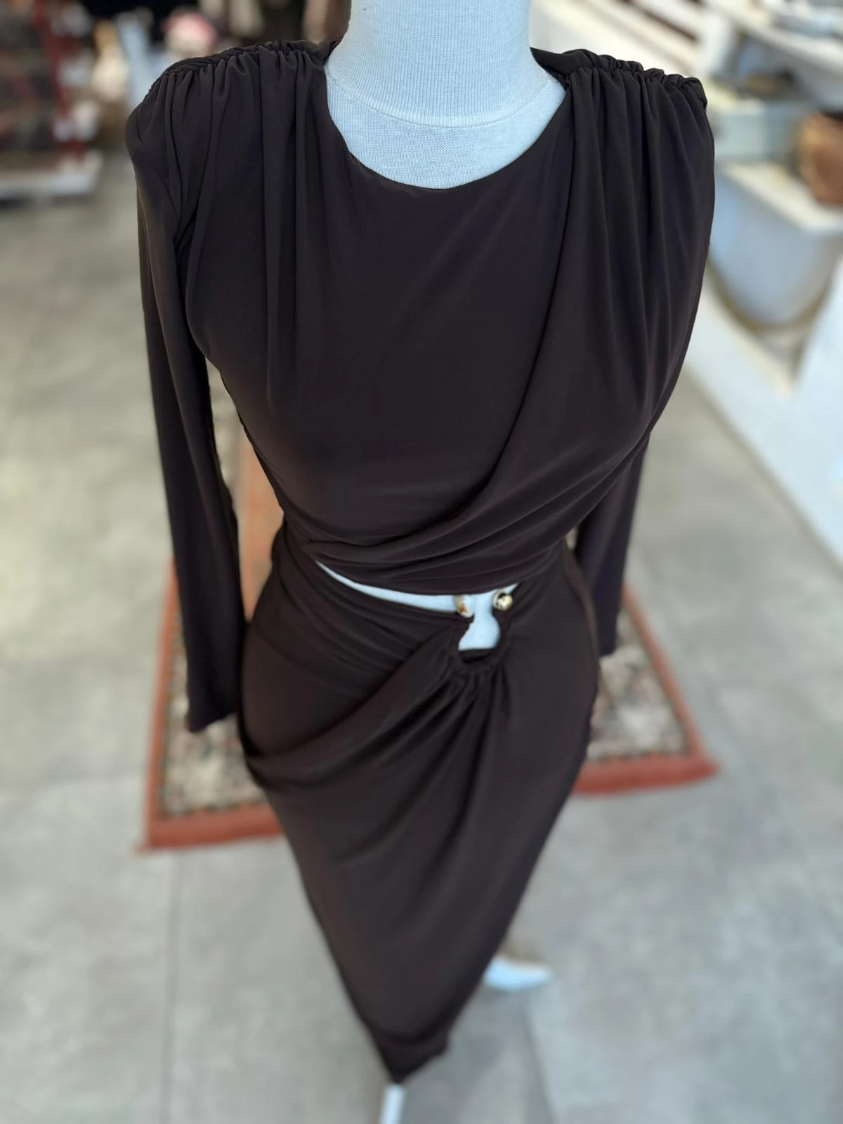 Vatkalı Bluzlu Etekli Kahve Rengi Takım