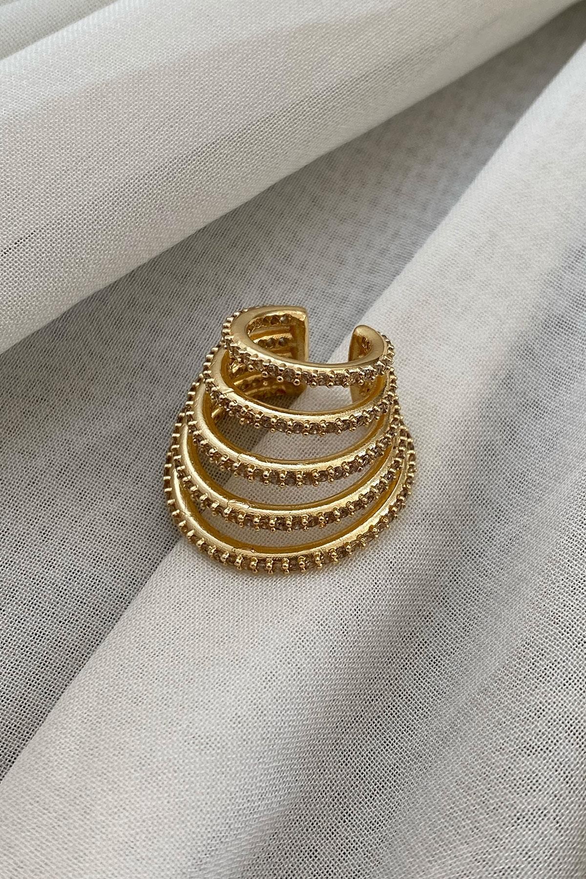 Boyutlu Model Taşlı Gold Detaylı Zirkon Taş Kıkırdak Küpe