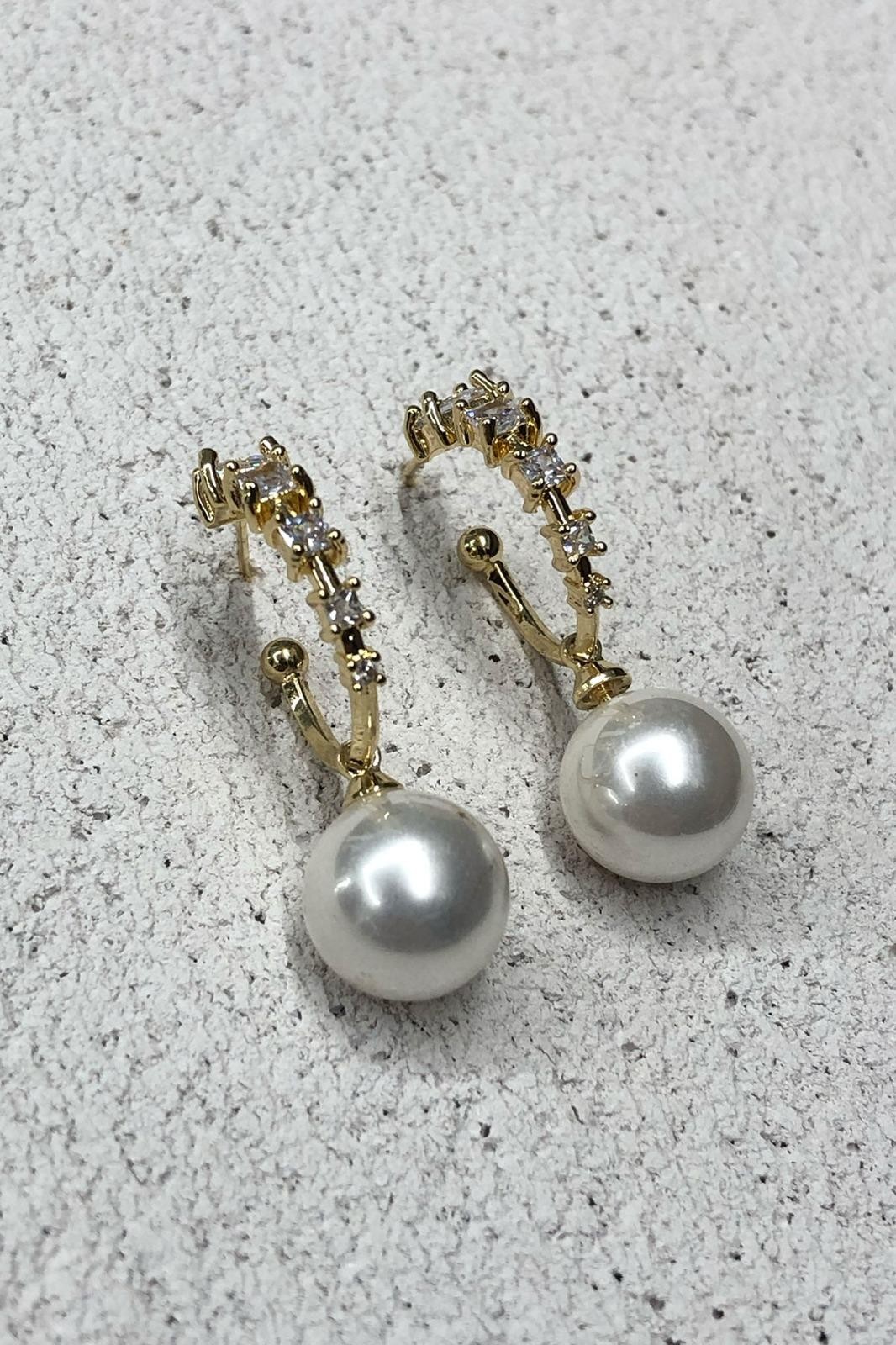 İnci Model Zirkon Taş Gold Küpe