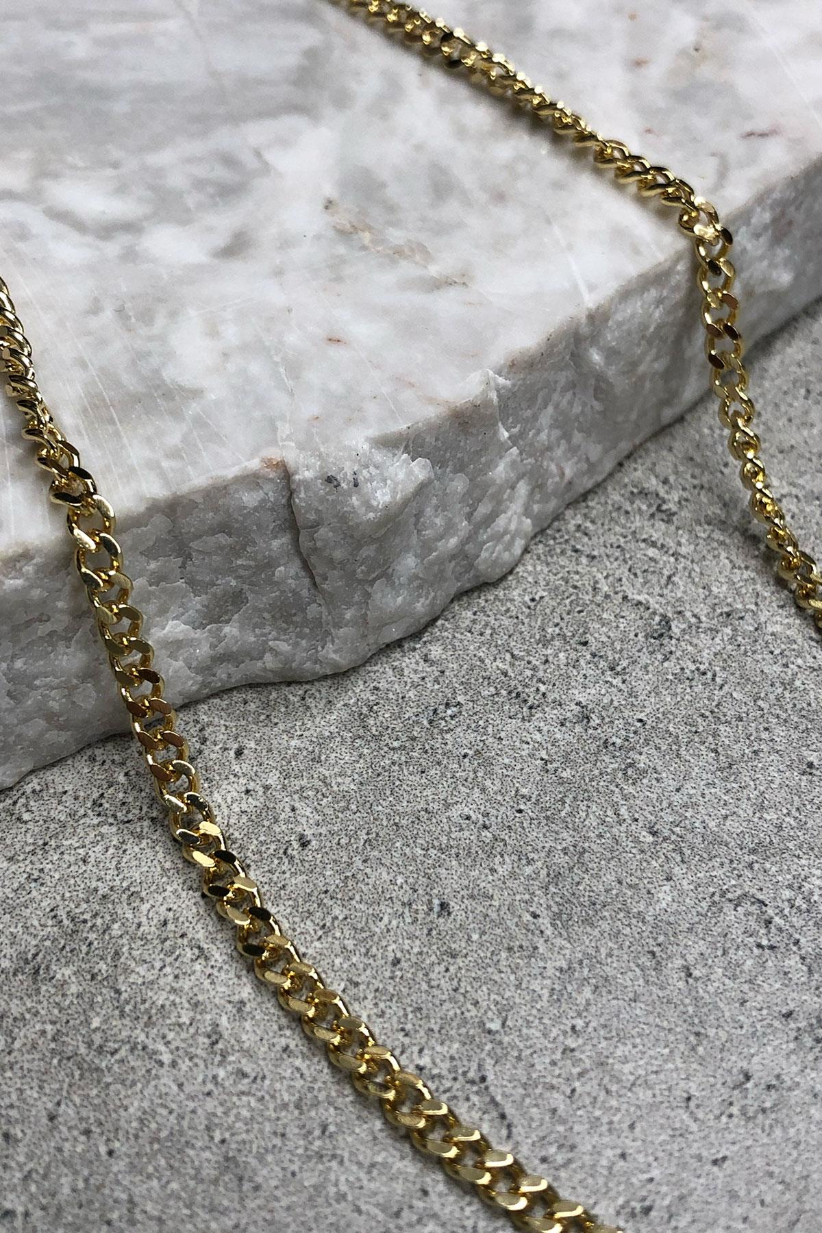 Dikdörtgen Taş Model Gold Zincir Detaylı Kaplama Kolye