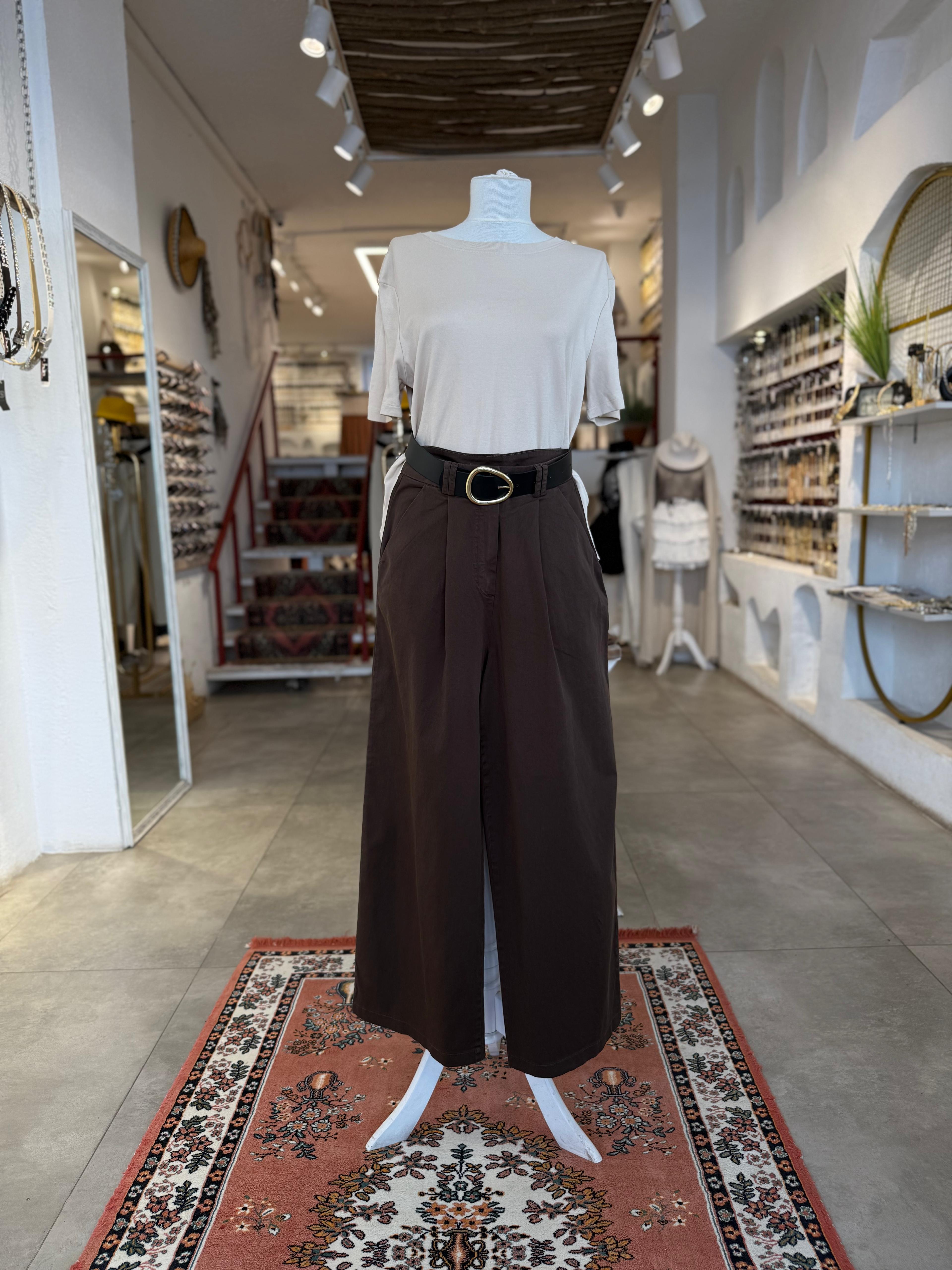 Bol Paça Kahve Rengi Keten Pantolon