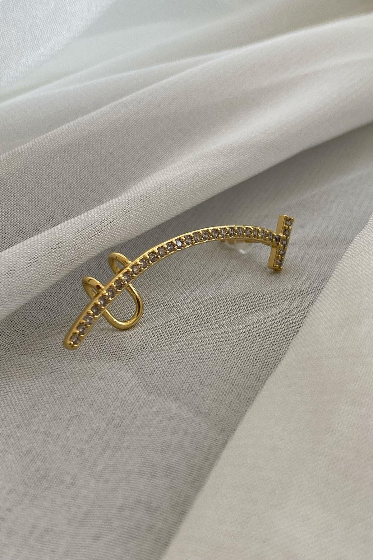 Taşlı Model Gold Detaylı Zirkon Taş Çift Kullanımlı Kıkırdak Küpe