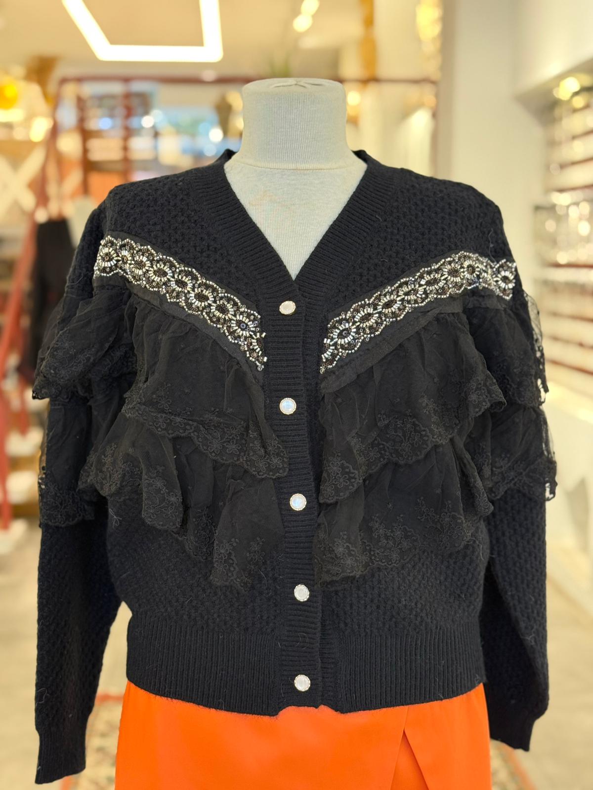 Taşlı Dantelli Siyah Hırka