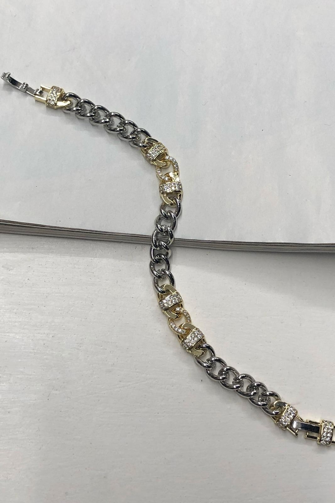 Zincir Model Taş Gold Detay Gümüş Bileklik