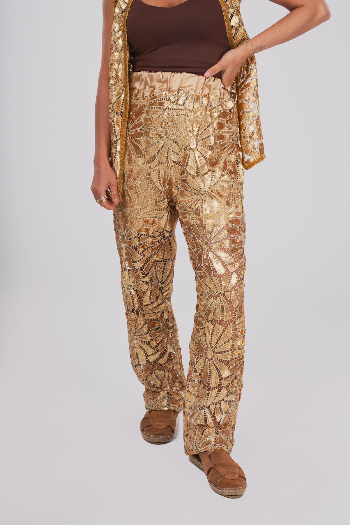 Altın Yapraklar | Gold Metalik Detaylı Pantolon