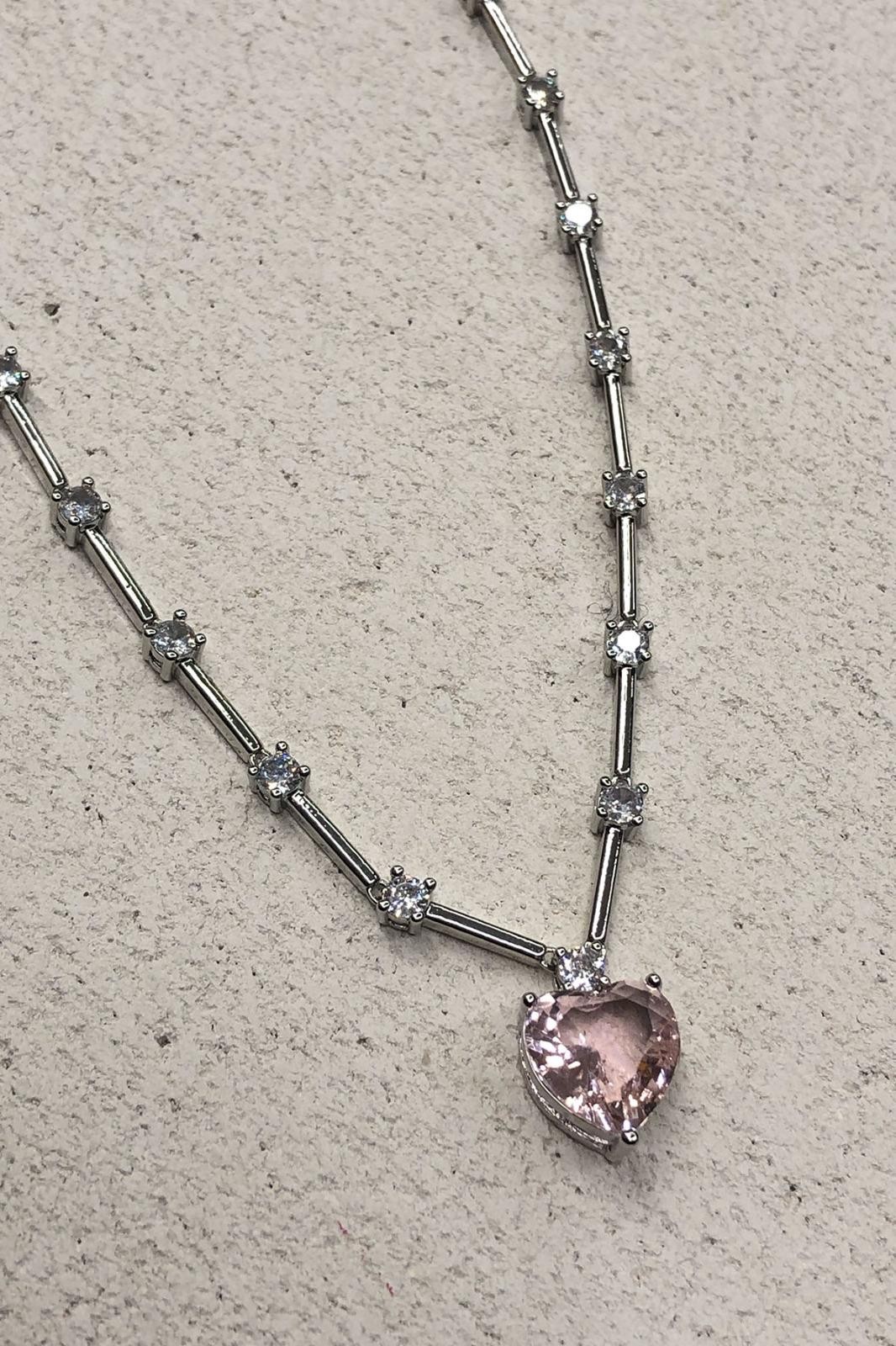 Pembe Kalp Model Zirkon Taş Gümüş Kolye