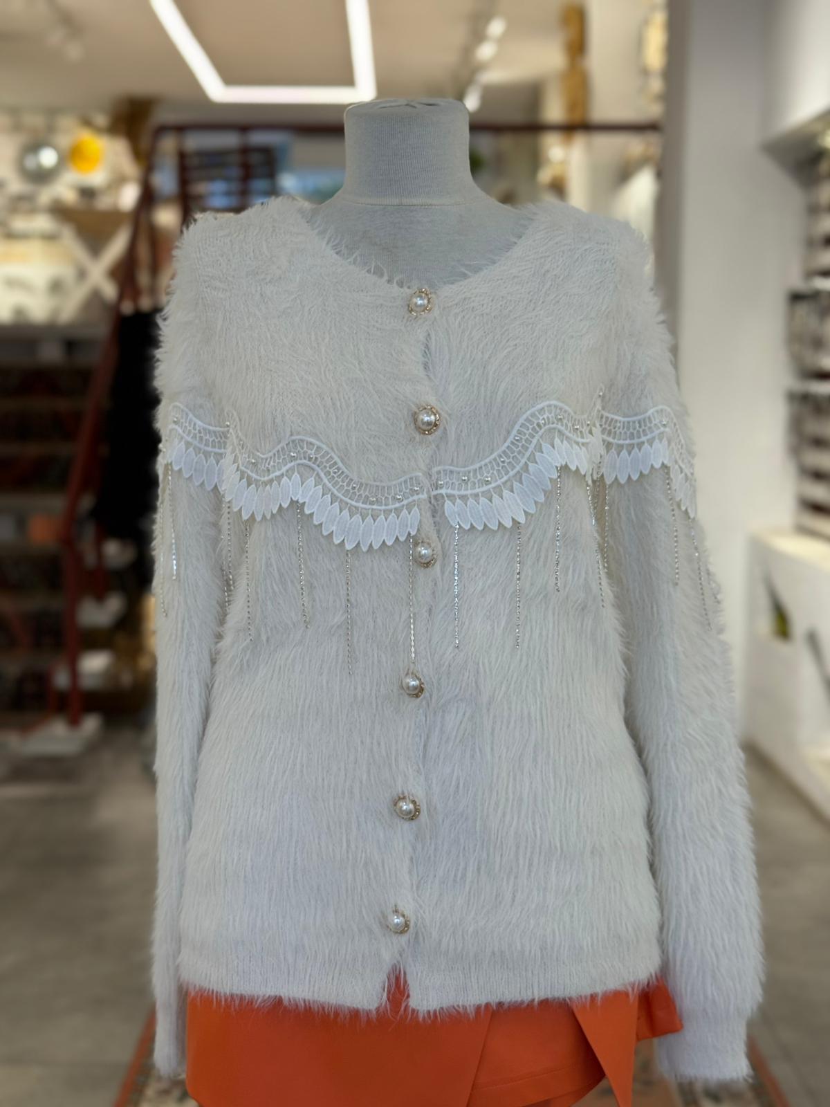 İnci Düğme Detaylı Ekru Hırka