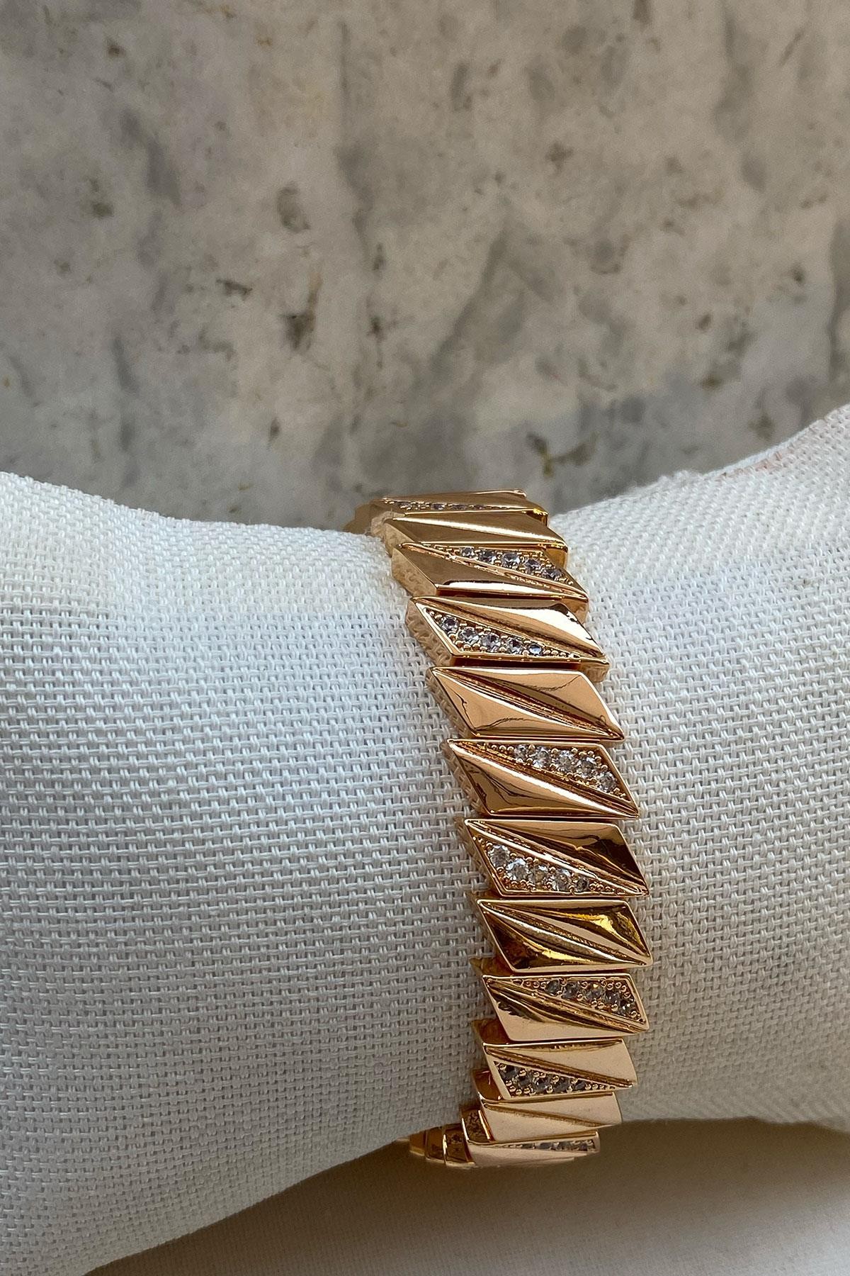Taşlı Dikdörtgen  Model Gold Detaylı Kaplama Bileklik