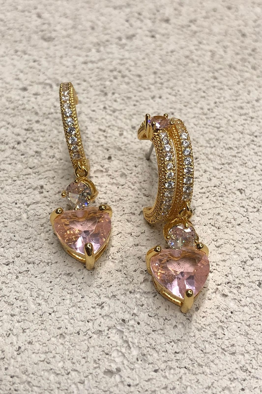 Sallantılı Halka Model Kalp Detay Zirkon Taş Gold Küpe