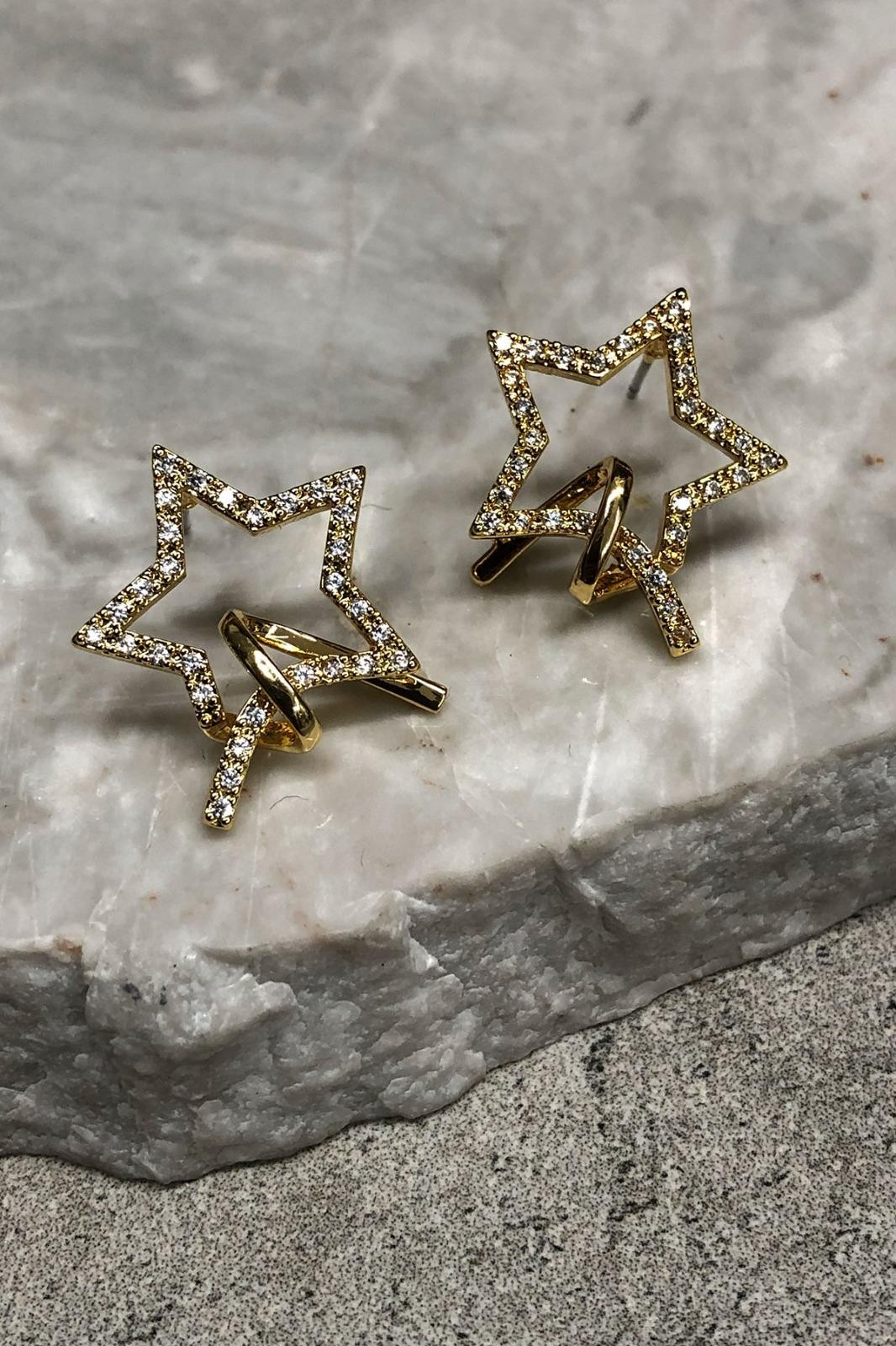 Yıldız Model Zirkon Taş Gold Küpe