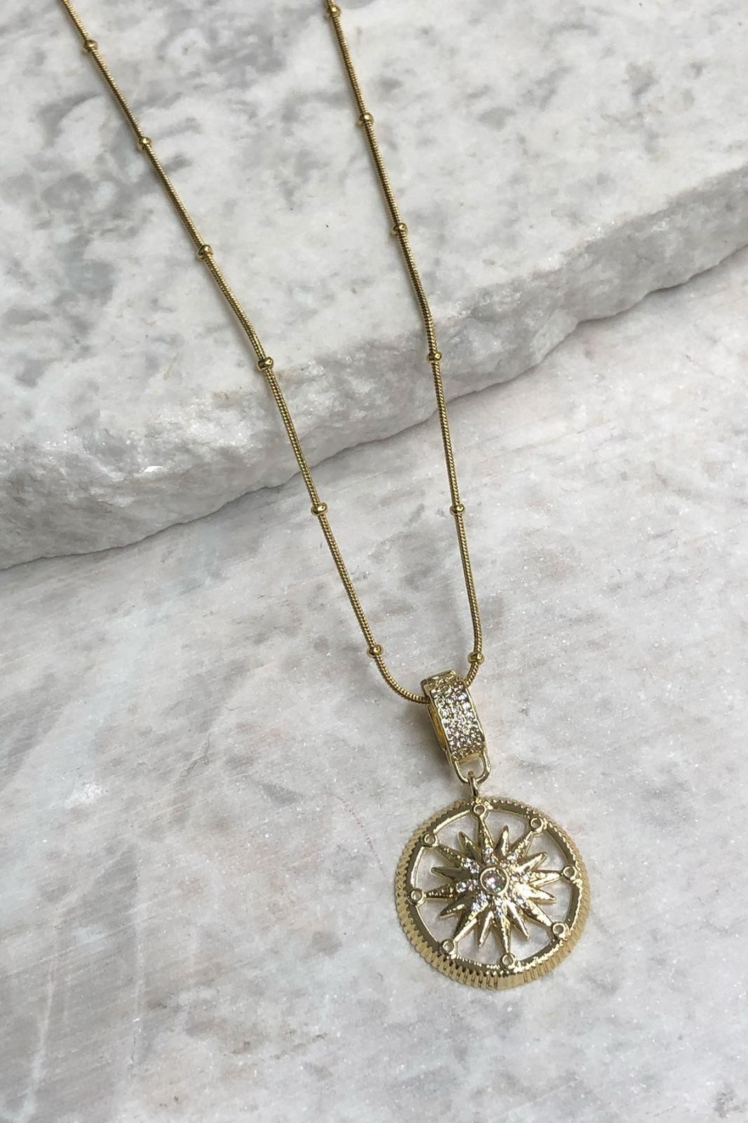 Yuvarlak Model Zirkon Taş Detay Gold Çelik Kolye