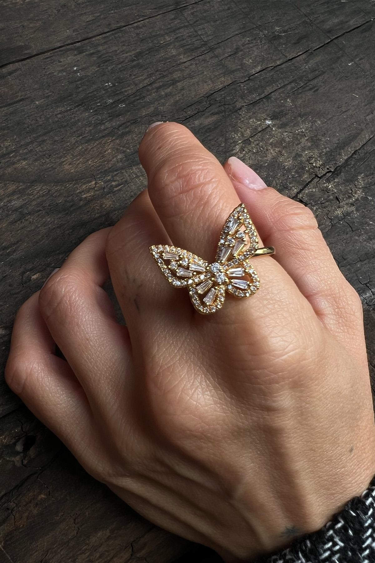 Kelebek Model Zirkon Taş Sarı Renk Yüzük