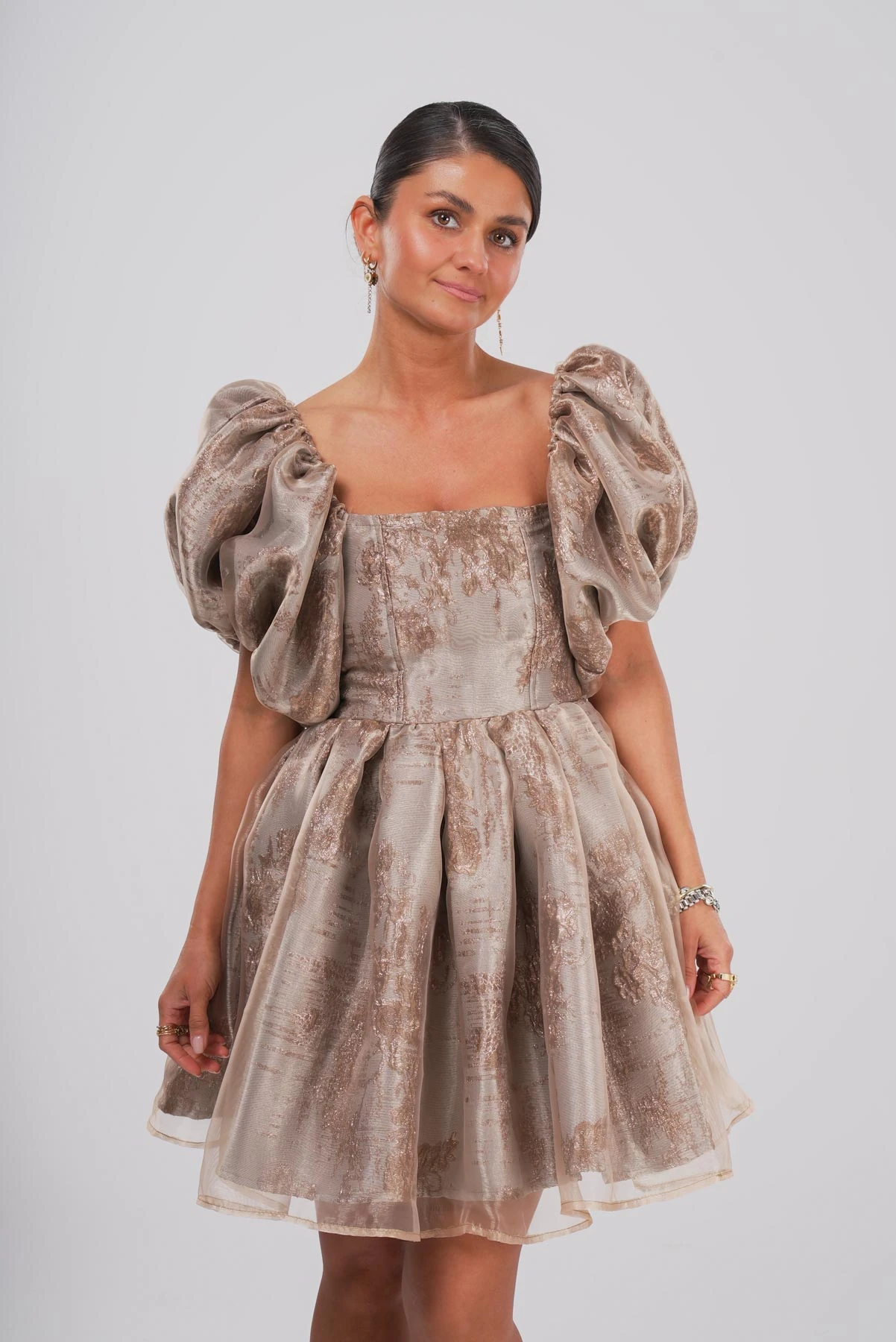 İşlemeli Masal | Kabarık Kollu Vizon Mini Elbise