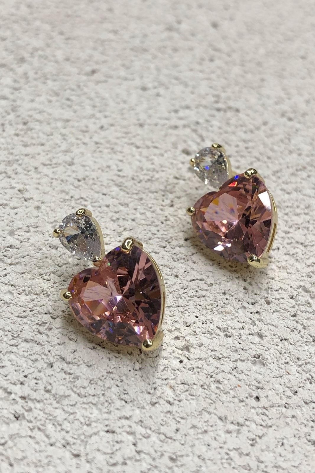 Pembe Kalp Model Zirkon Taş Gold Küpe