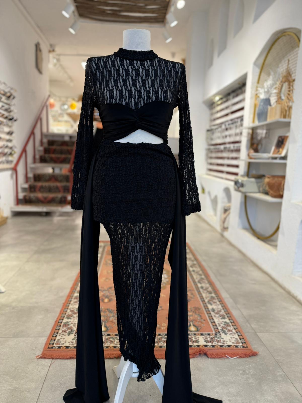 Bağlamalı Etekli Siyah Takım