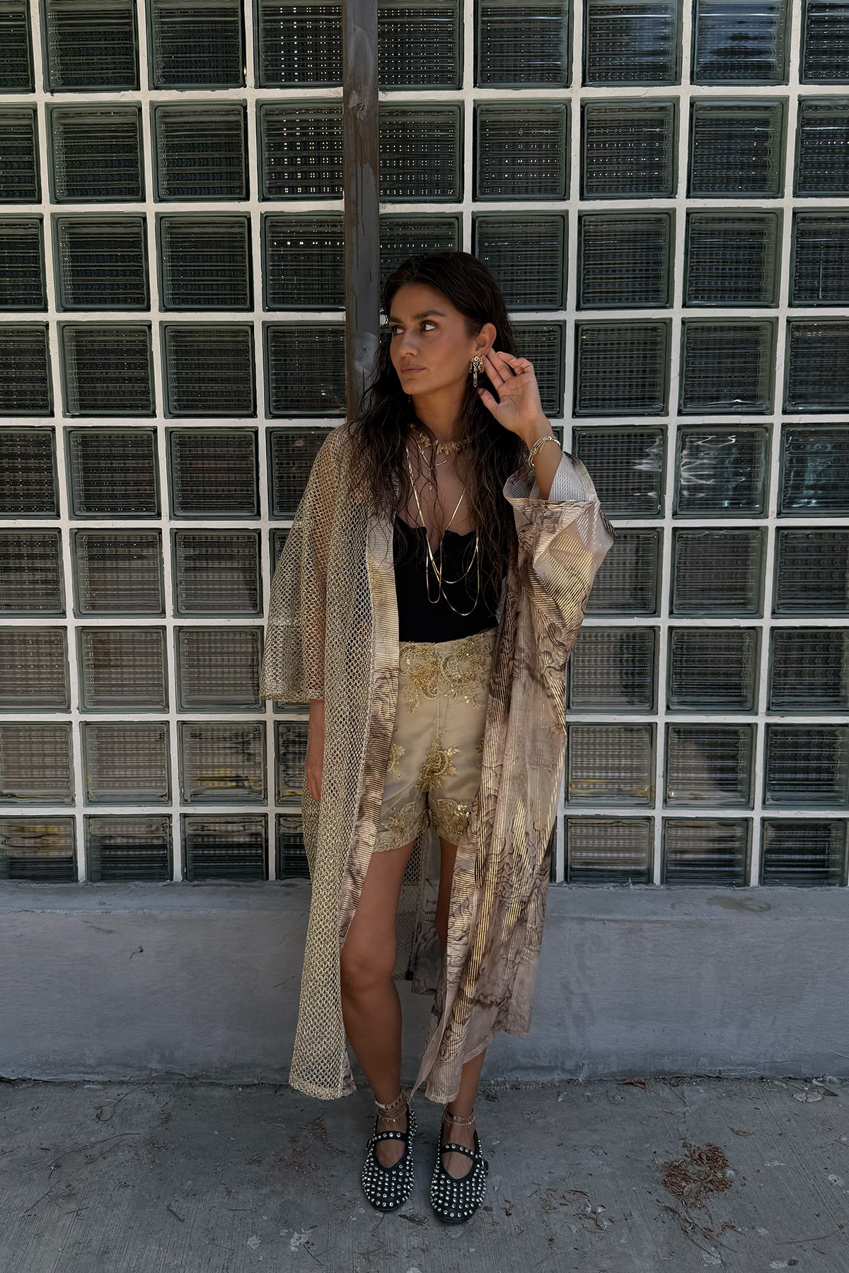 Uçuş | File Desen Detaylı Gold Kimono