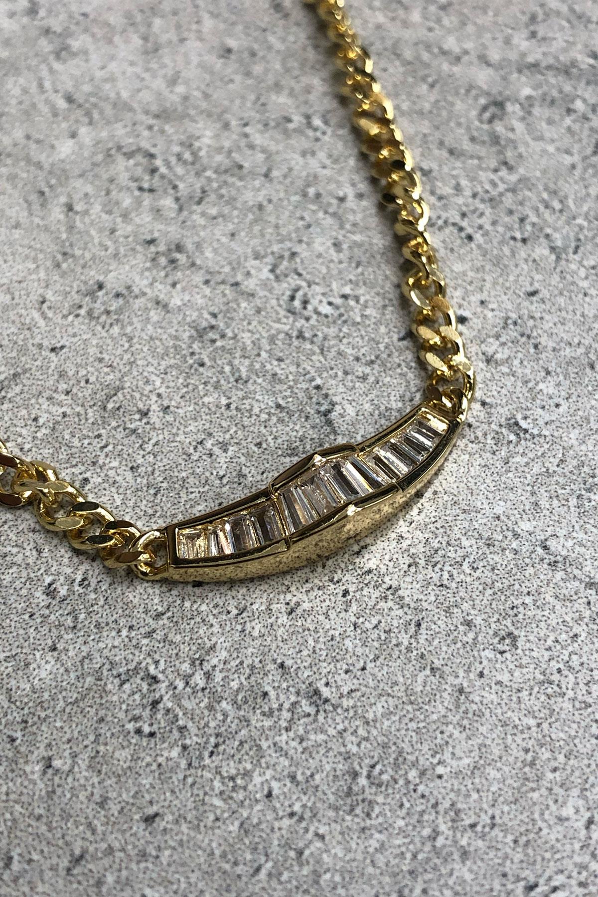 Dikdörtgen Taş Model Gold Zincir Detaylı Kaplama Kolye