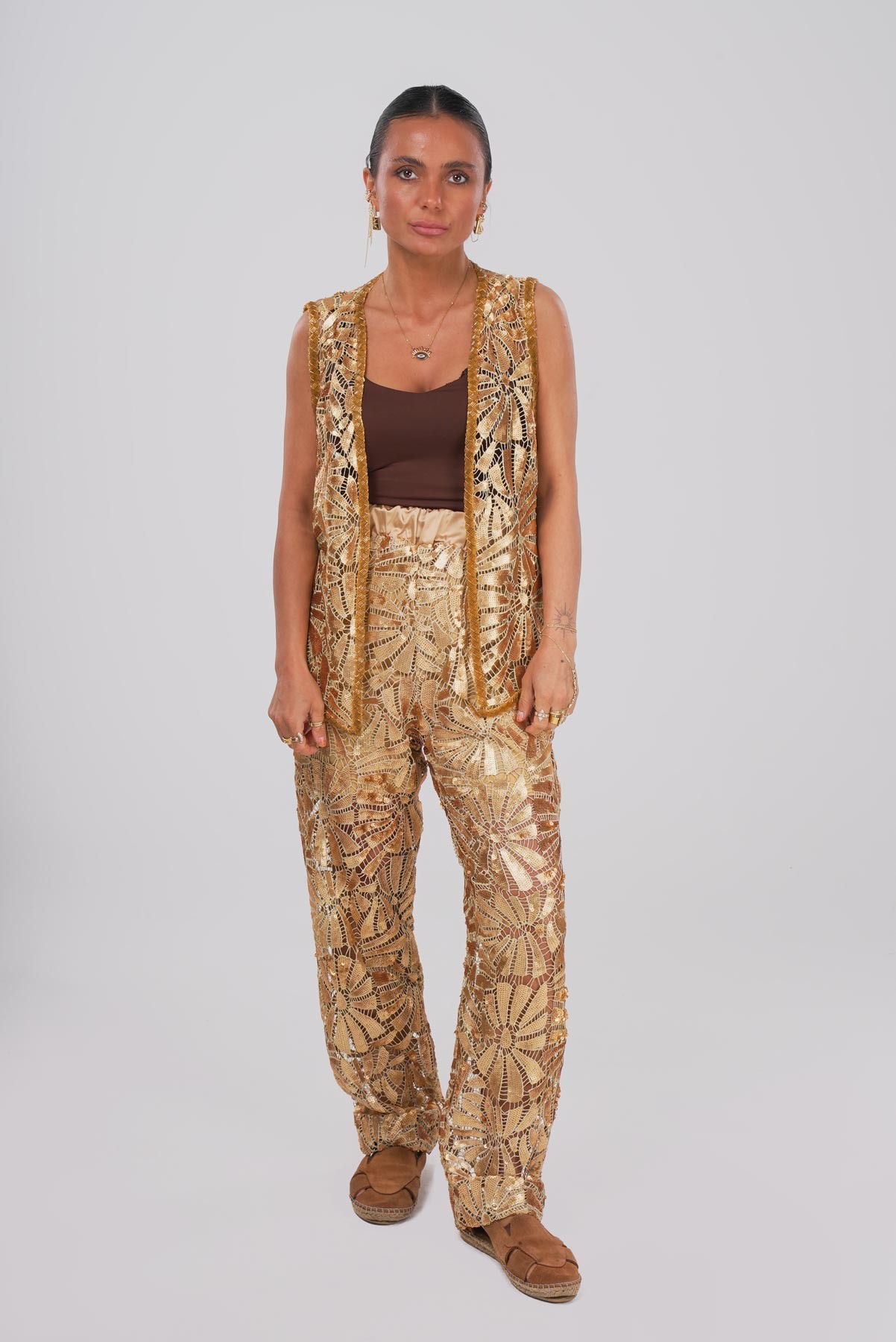 Altın Yapraklar | Gold Metalik Detaylı Pantolon