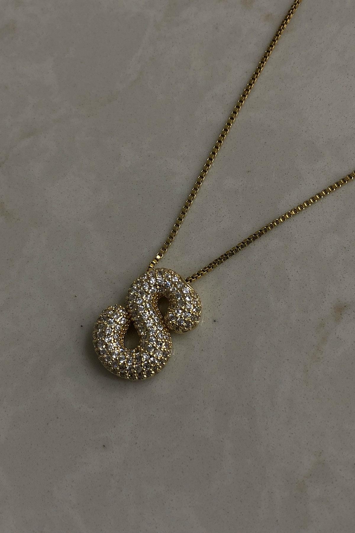 Zirkon Taş Model Gold Detaylı S Harf Çelik Kolye