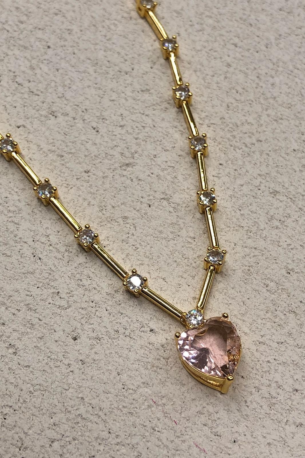 Pembe Kalp Model Zirkon Taş Gold Kolye