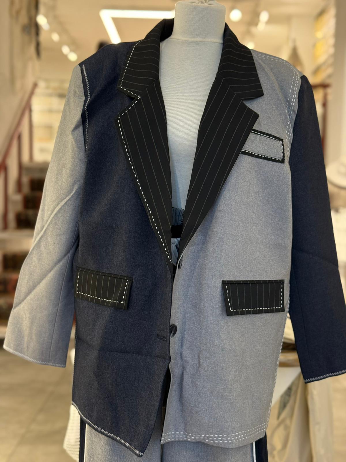 Çizgi Yaka Detaylı Parçalı Blazer Ceket