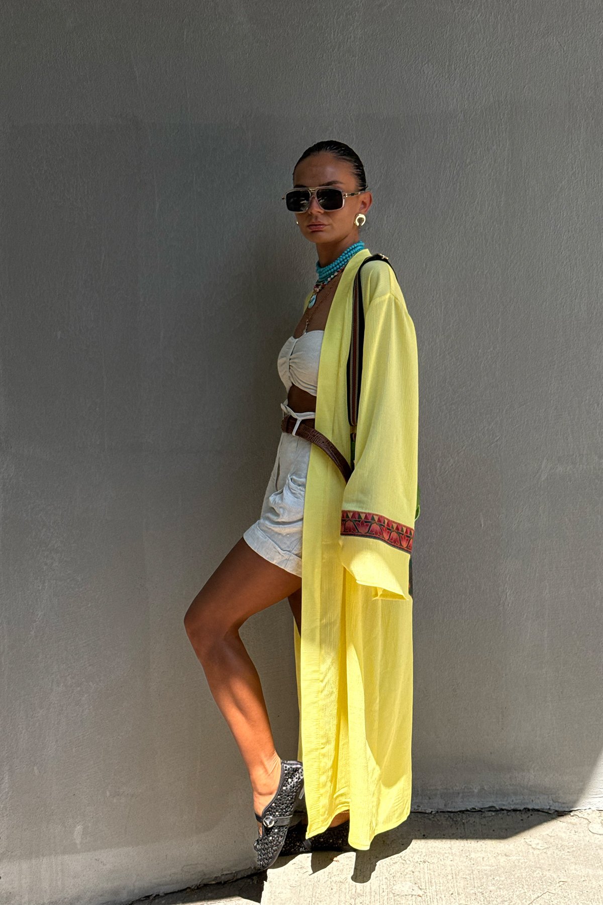 Uçuş | Desenli Sarı Kimono