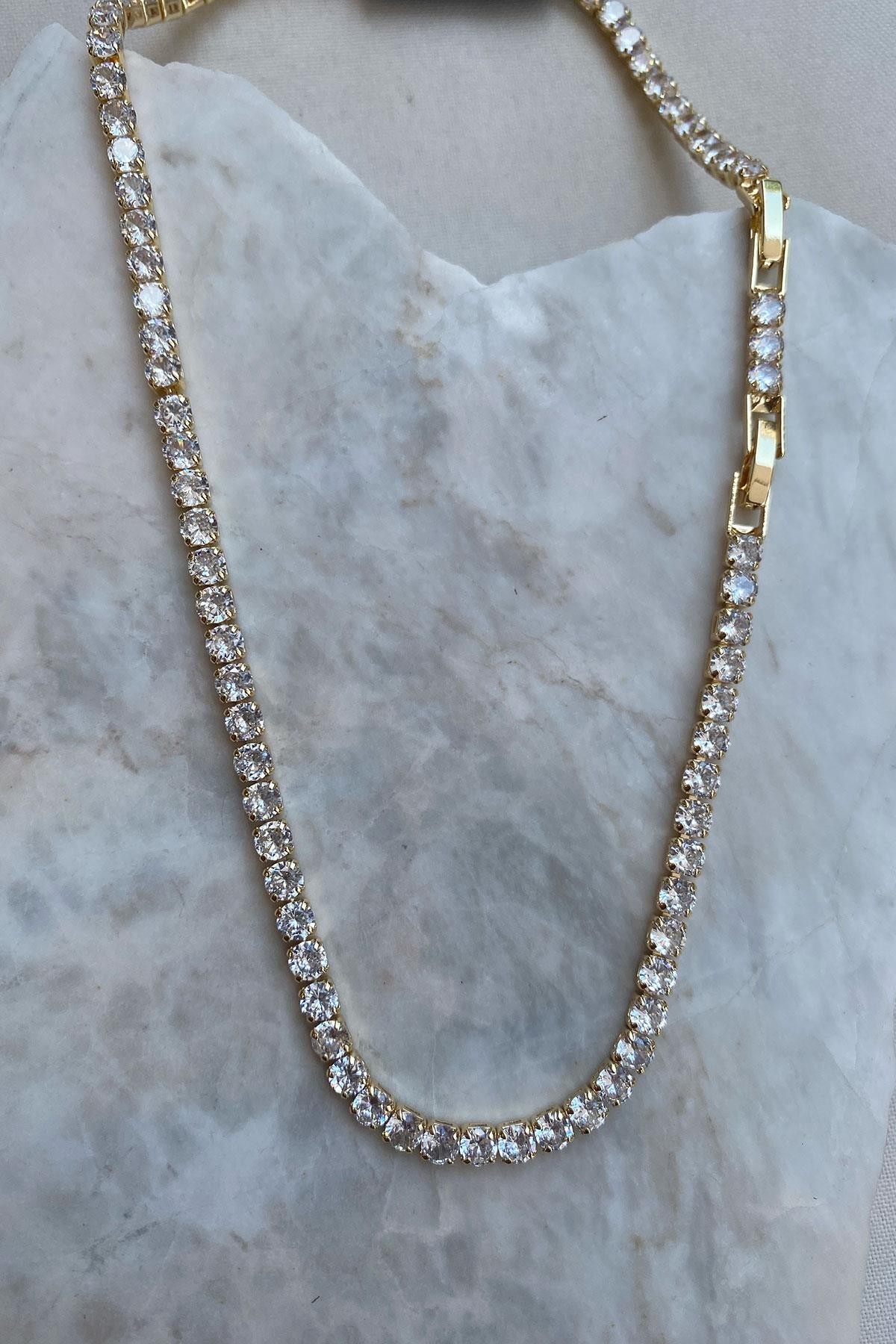 Su Yolu Model Gold Detaylı Zirkon Taş Kolye