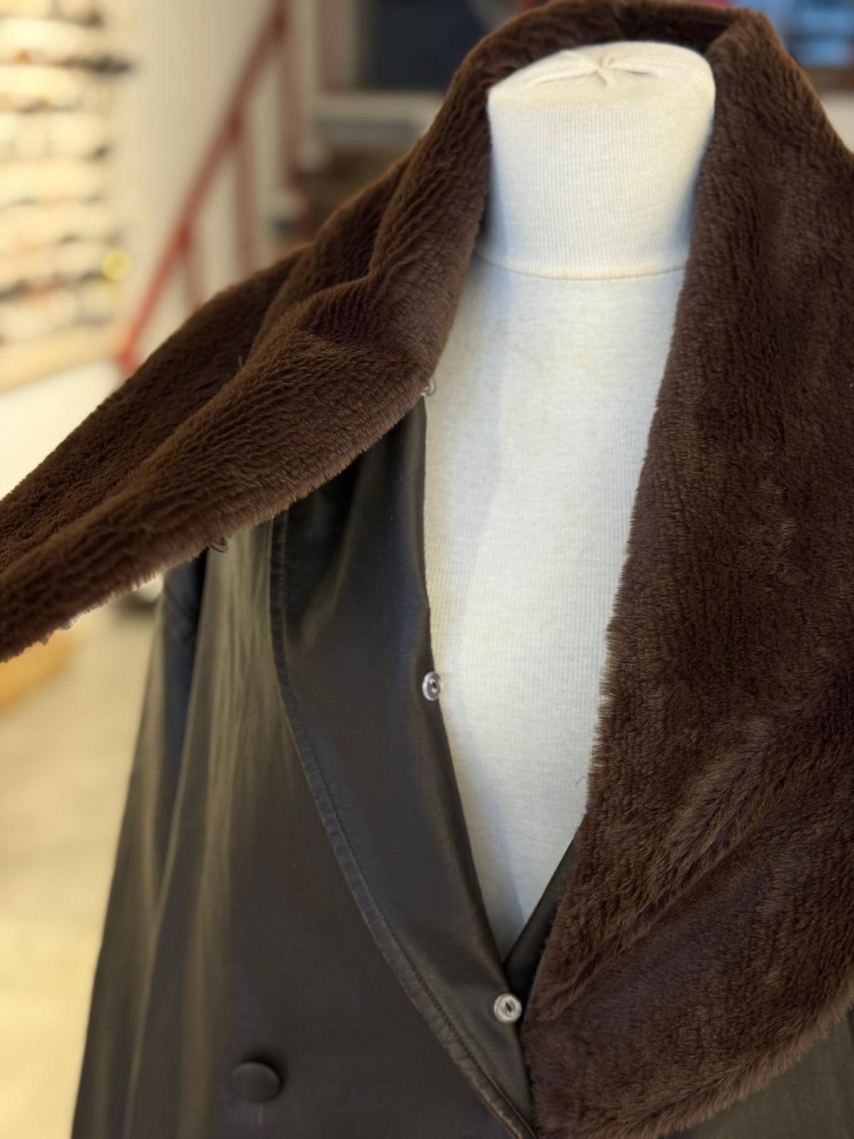 Yakası Kürklü Kahve Deri Mont