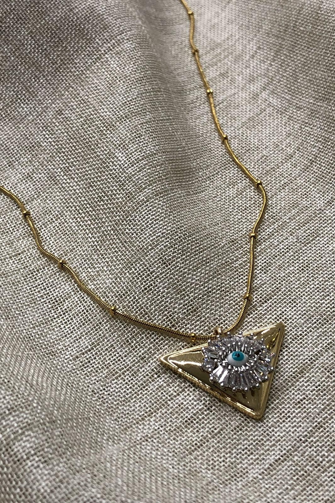 Üçgen Göz Model Zirkon Taş Gold Çelik Kolye