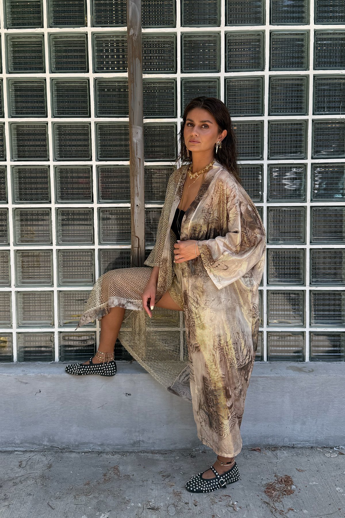 Uçuş | File Desen Detaylı Gold Kimono