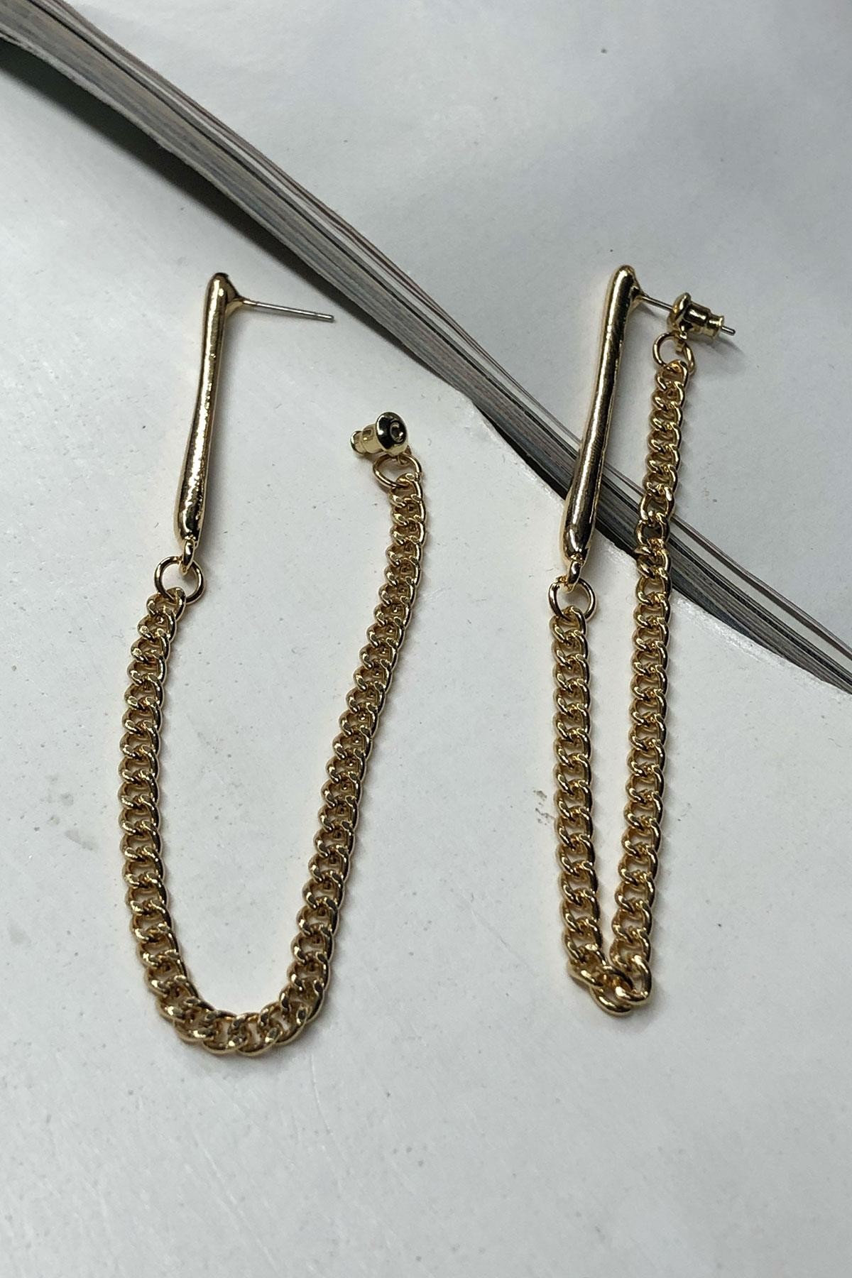 Zincir Model Gold Detaylı Bijuteri Küpe