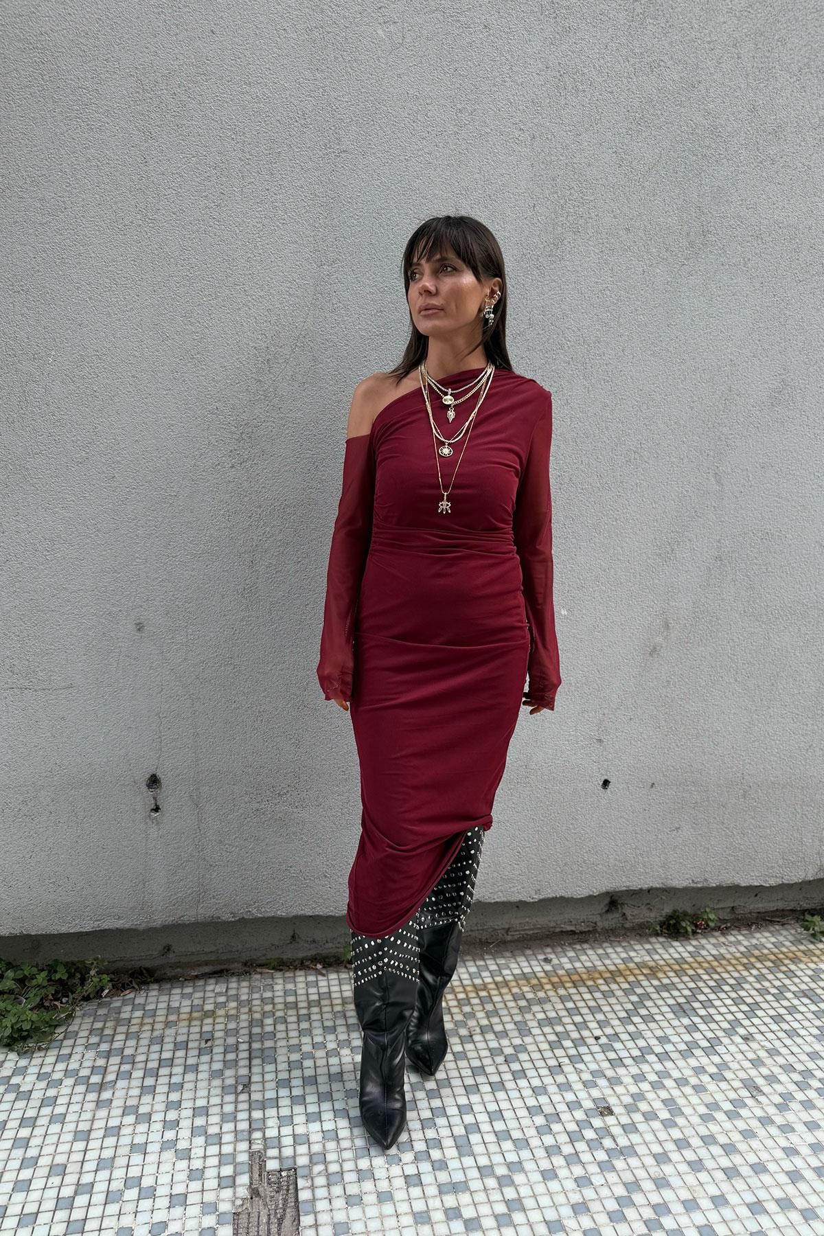 Tül Model Bordo Elbise