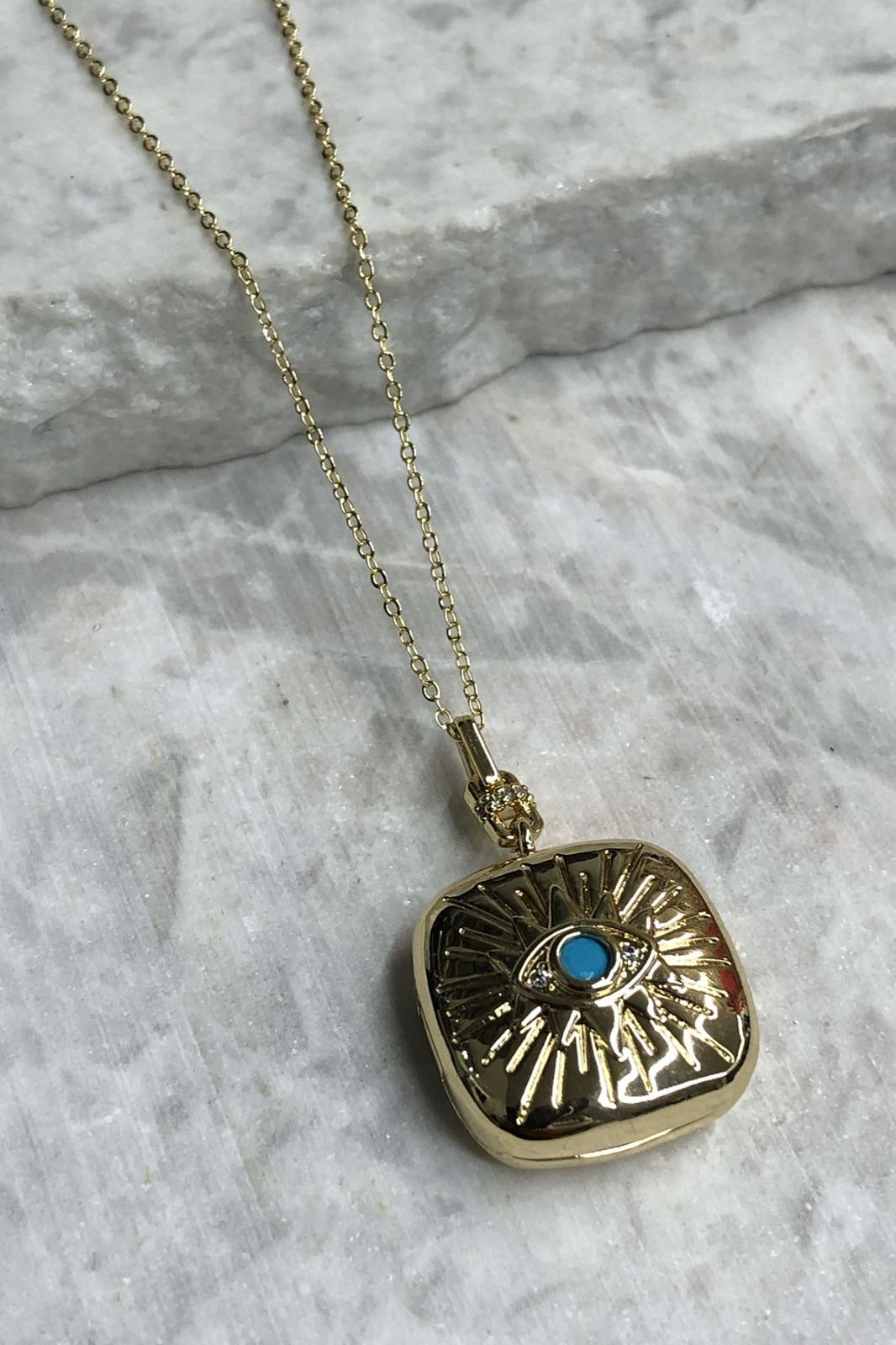 Kare Model Mavi Göz Detay Açılabilir Gold Kolye