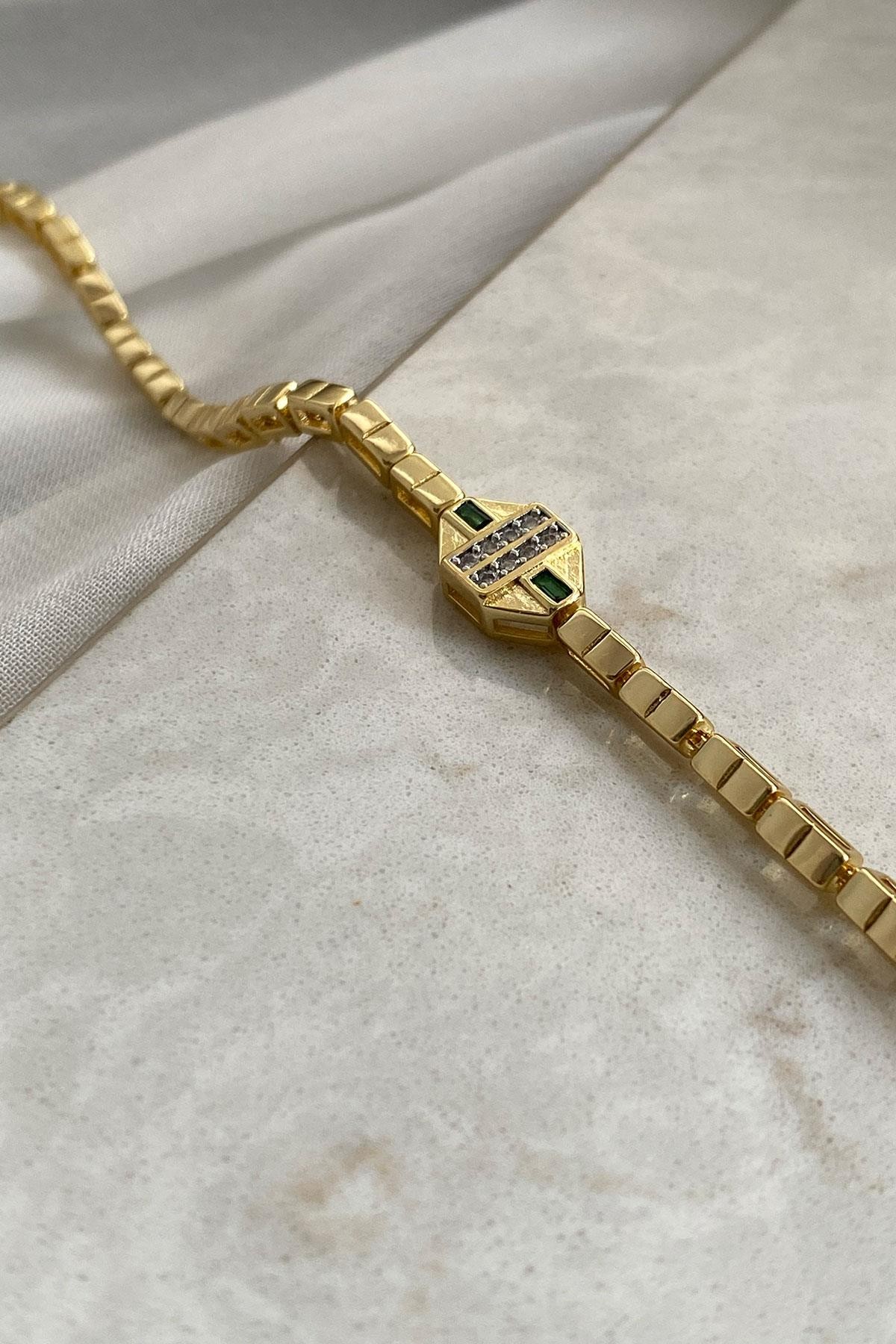 Gümüş Zirkon Taş Model Yeşil Gold Kare Detaylı Kaplama Bileklik