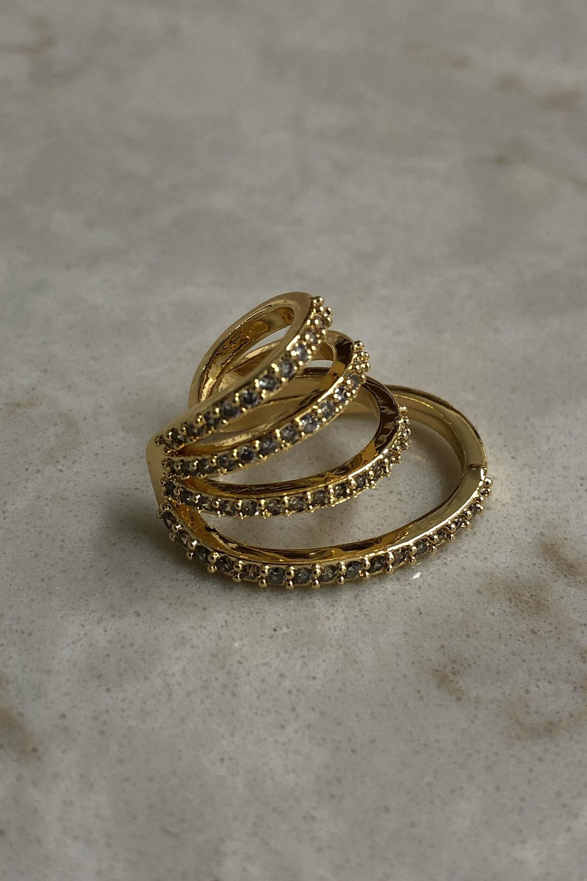 Taşlı Sıralı Model Gold Detaylı Zirkon Kıkırdak Küpe