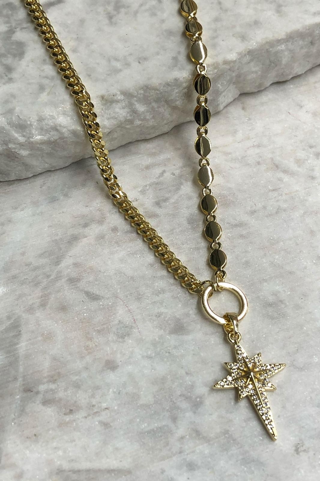 Kutup Yıldızı Model Çift Zincir Model Zirkon Taş Gold Kolye