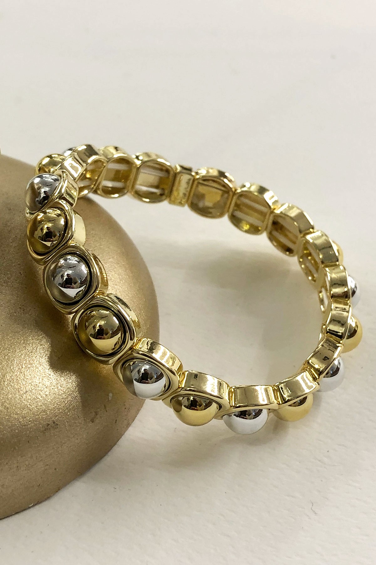 Gold Silver Yuvarlak Model Gold Detaylı Lastikli Bileklik
