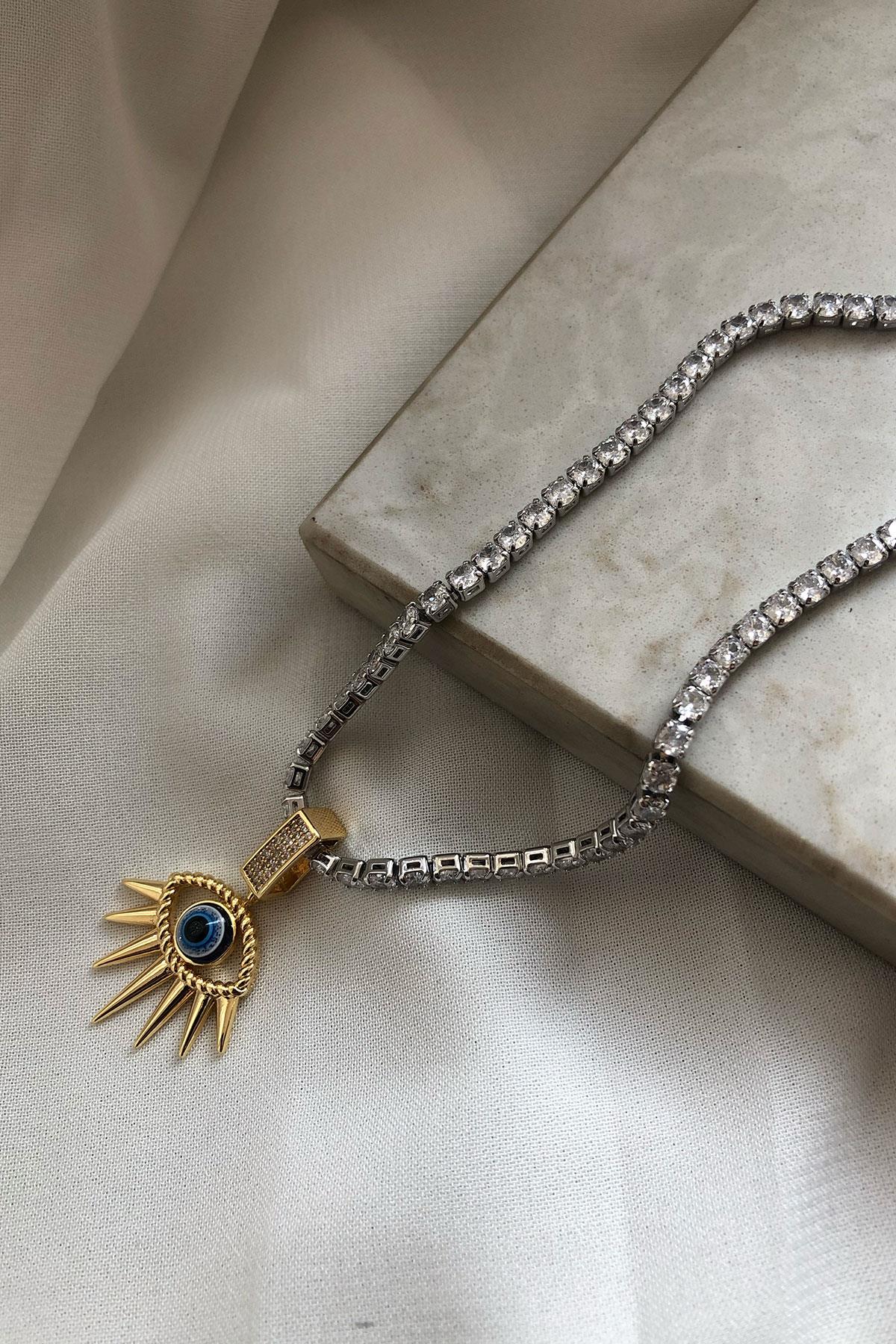 Mavi Göz Model Gümüş Detaylı Su Yolu Zirkon Kolye