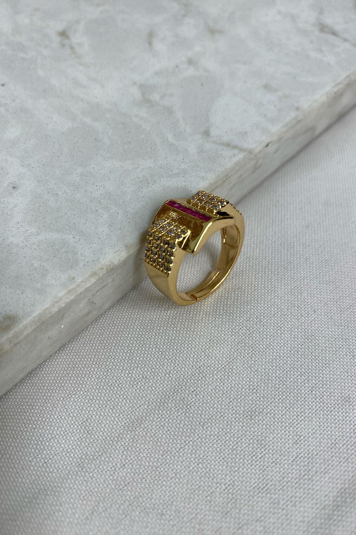 Pembe Taşlı Gold Detaylı Ayarlanabilir Zirkon Taş Yüzük