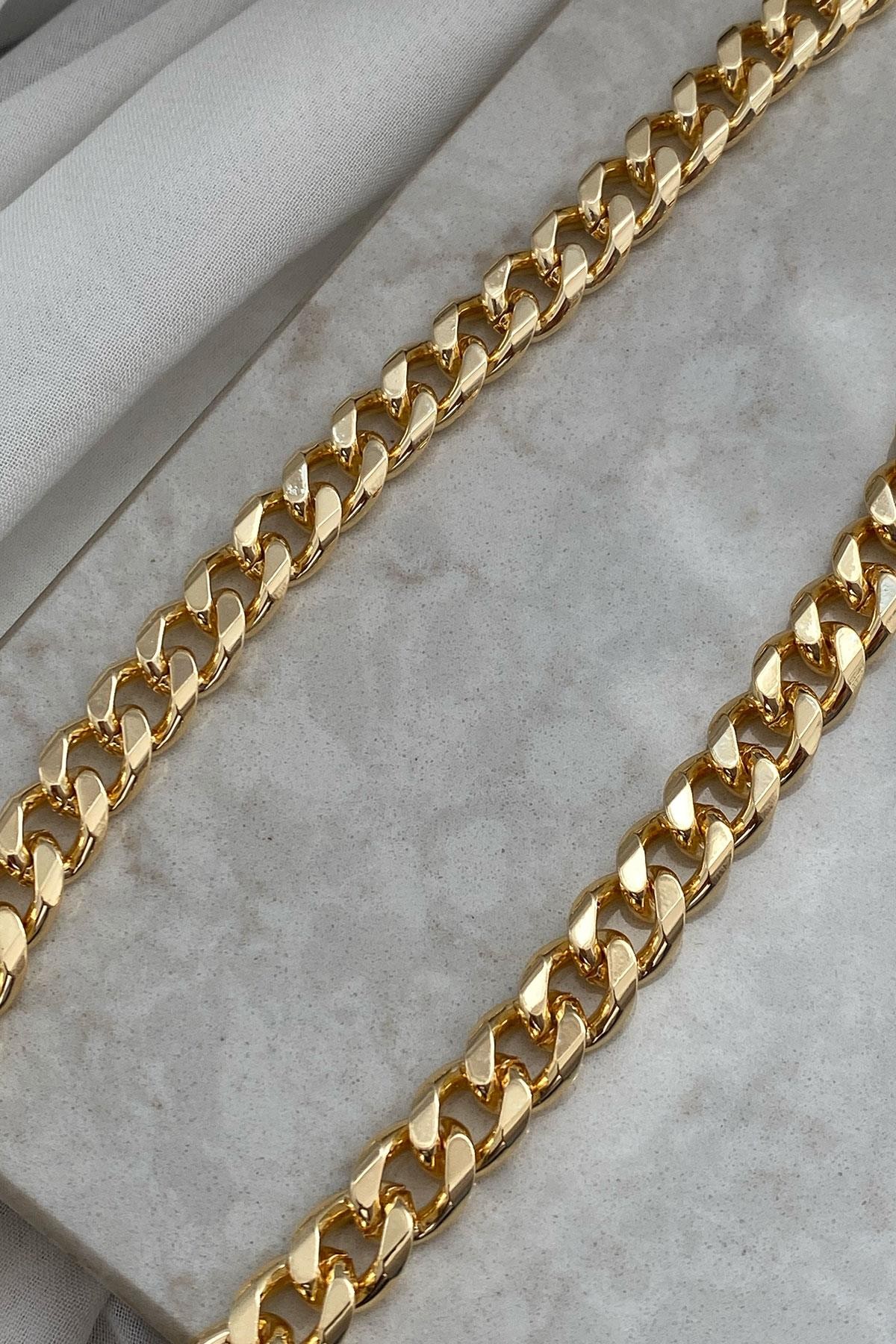 Yıldız Taşlı Model Gold Detaylı Kalın Zincir Kaplama Kolye