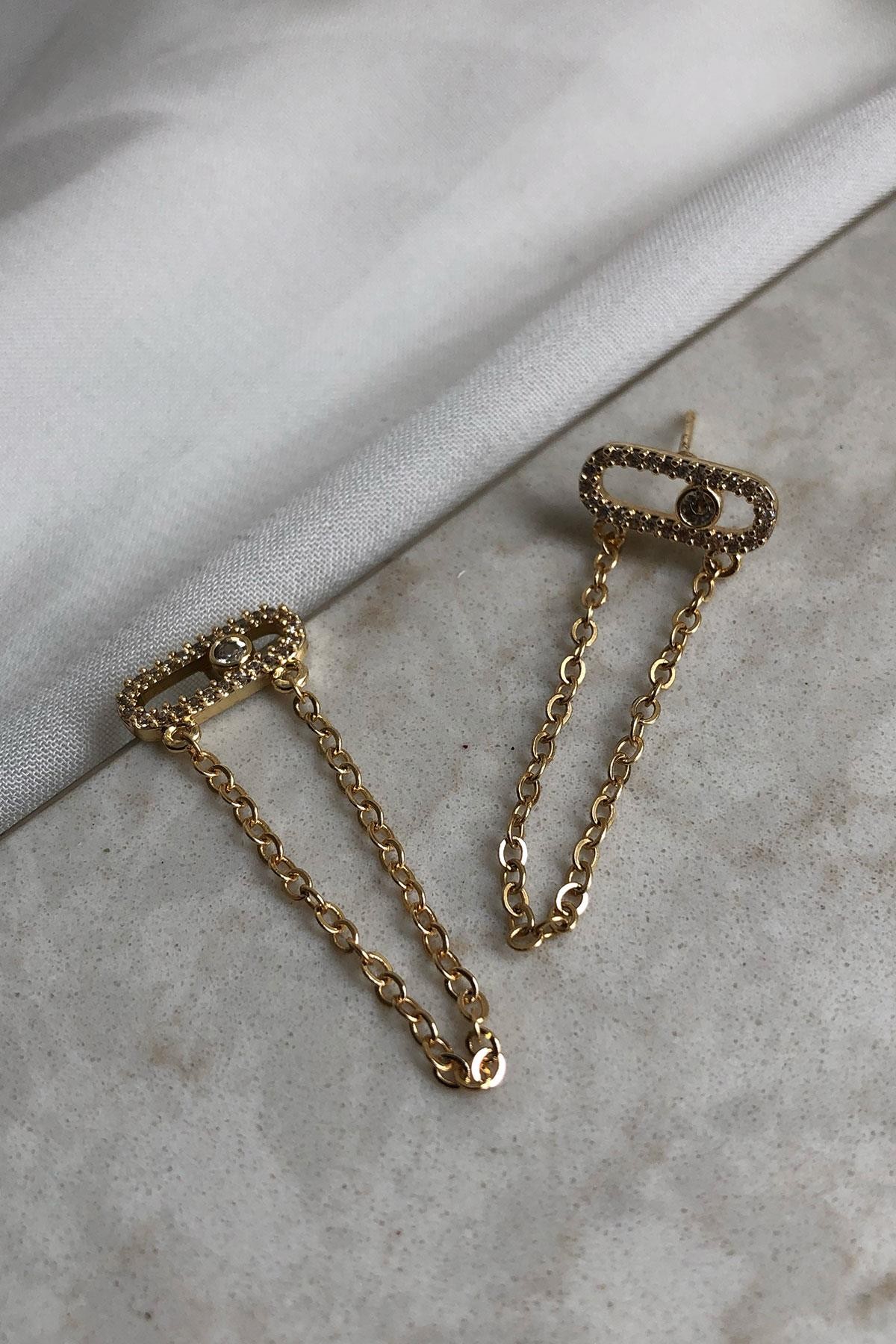 Zincir Model Taşlı Gold Detaylı Kaplama Küpe