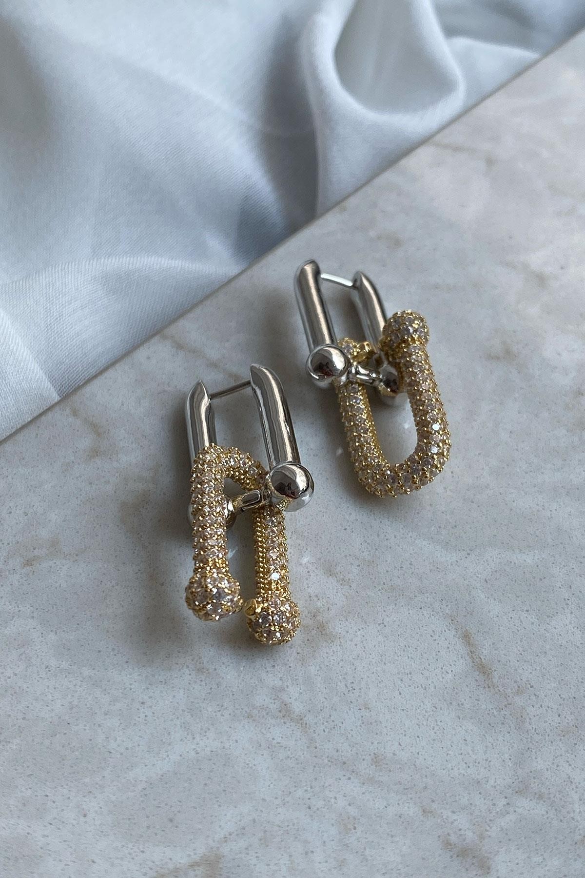 Tiffany Taşlı Model Gümüş Gold Detaylık Kaplama Küpe