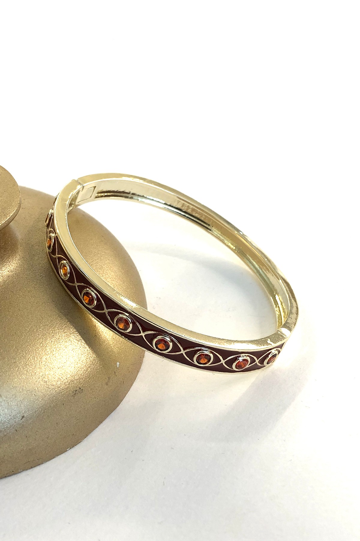 Kahve Taşlı Bordo Gold Detaylı Xp Kaplama Kelepçe Bileklik