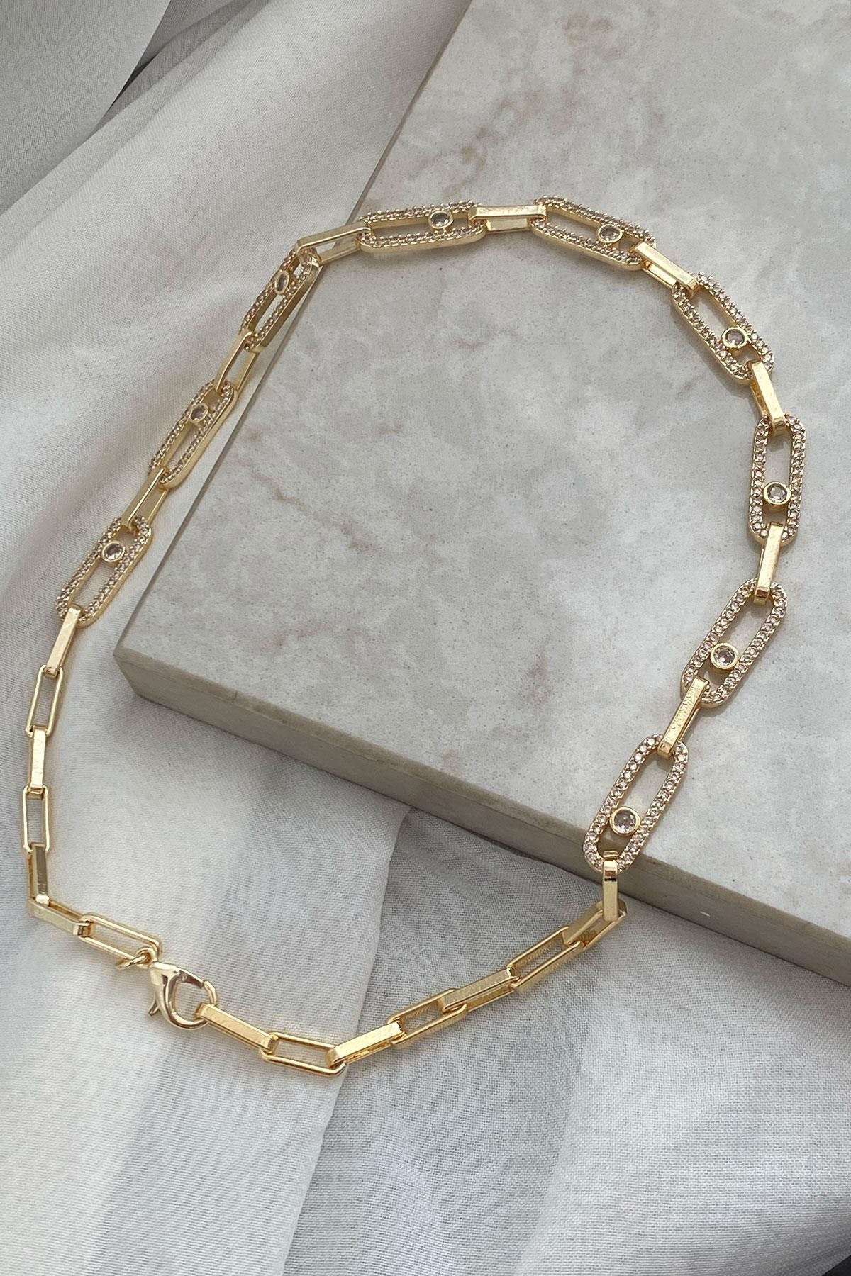 Oval Taşlı Model Gold Detaylı Kaplama Kolye