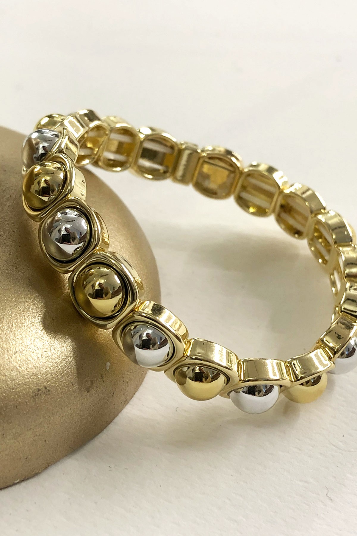Gold Silver Yuvarlak Model Gold Detaylı Lastikli Bileklik