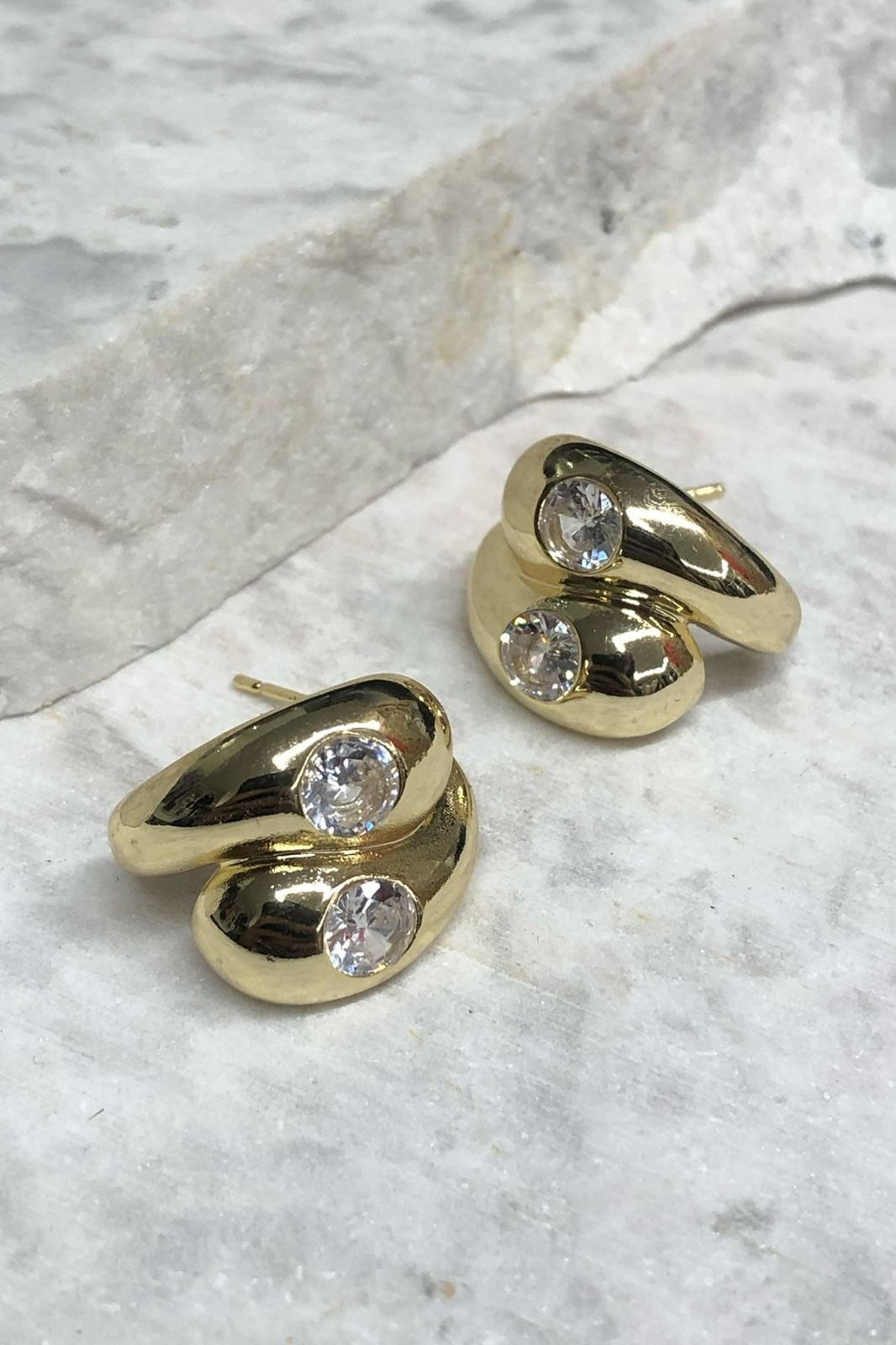 İkili Damla Model Zirkon Taş Detay Gold Küpe