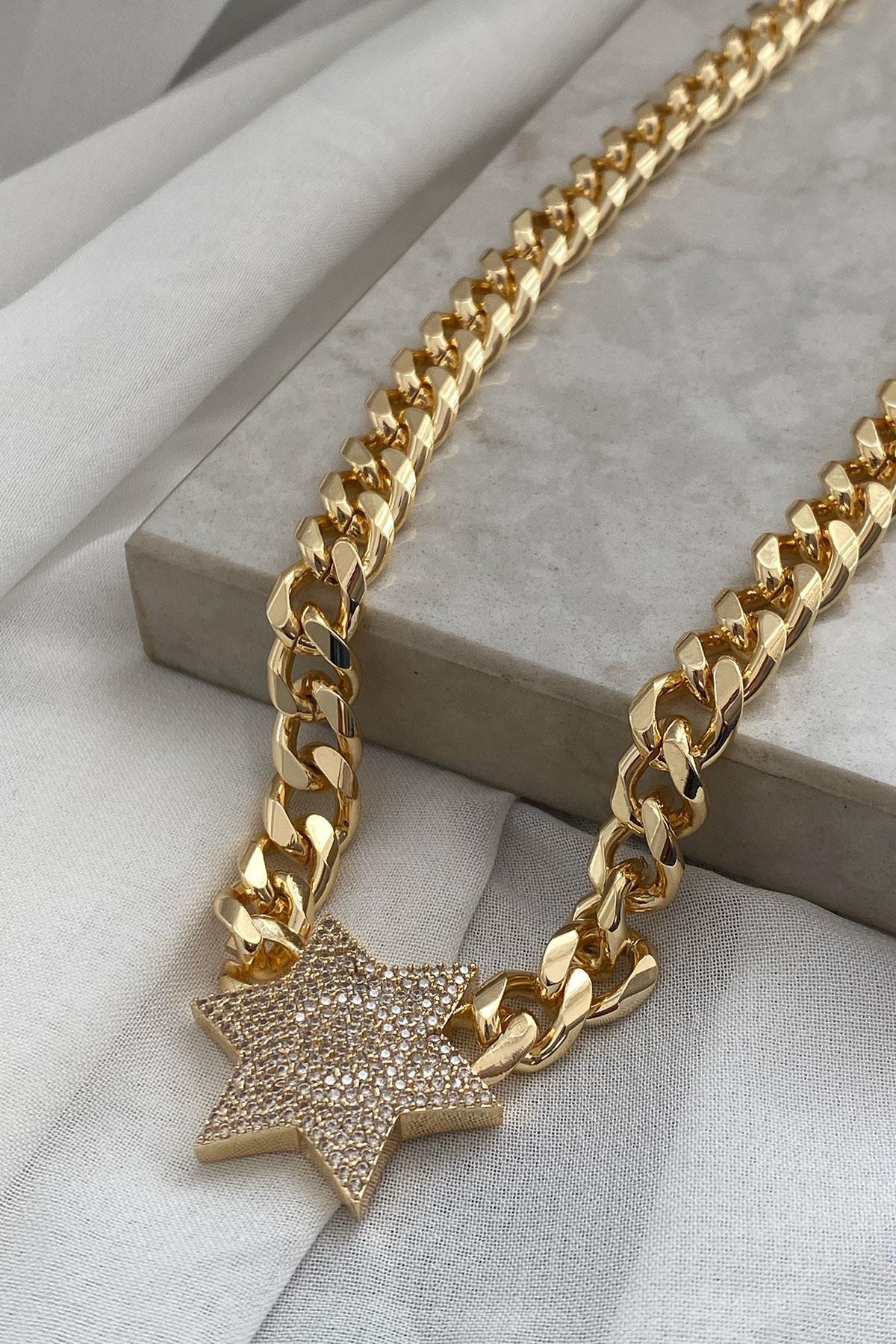 Yıldız Taşlı Model Gold Detaylı Kalın Zincir Kaplama Kolye